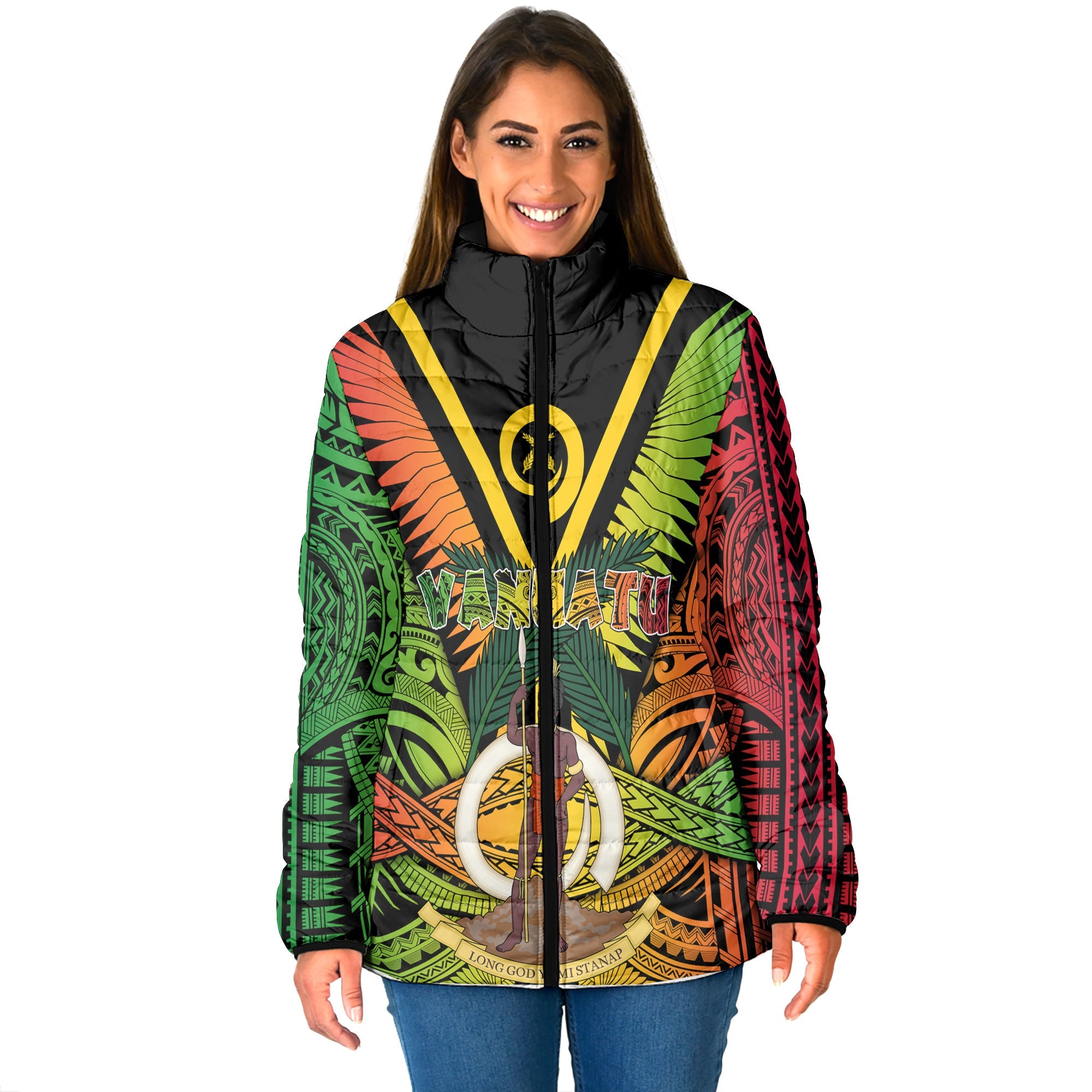 Vanuatu Women Padded Jacket Coat Of Arms Reggae Style