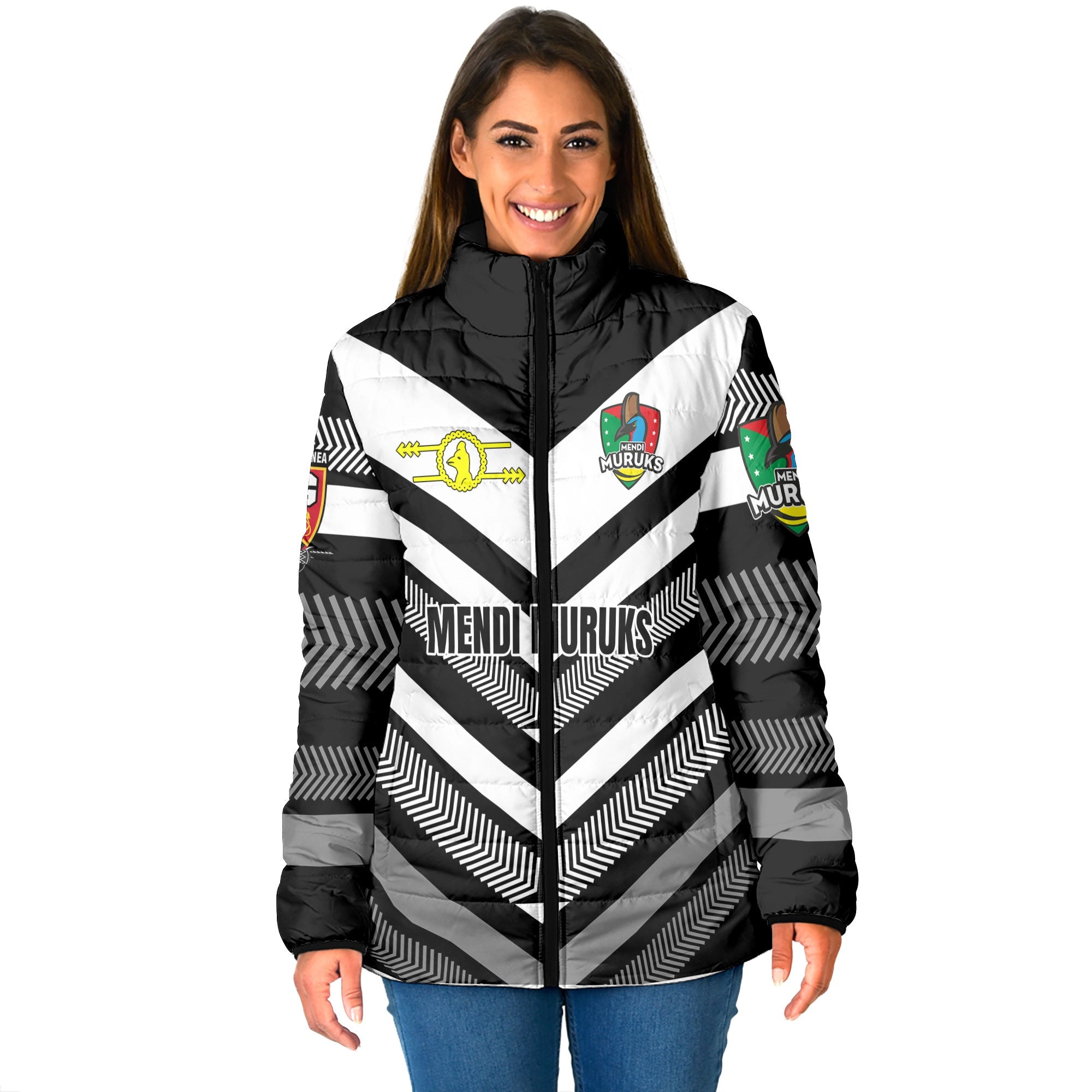 Custom Mendi Muruks Women Padded Jacket Papua New Guinea Rugby Black & White Style