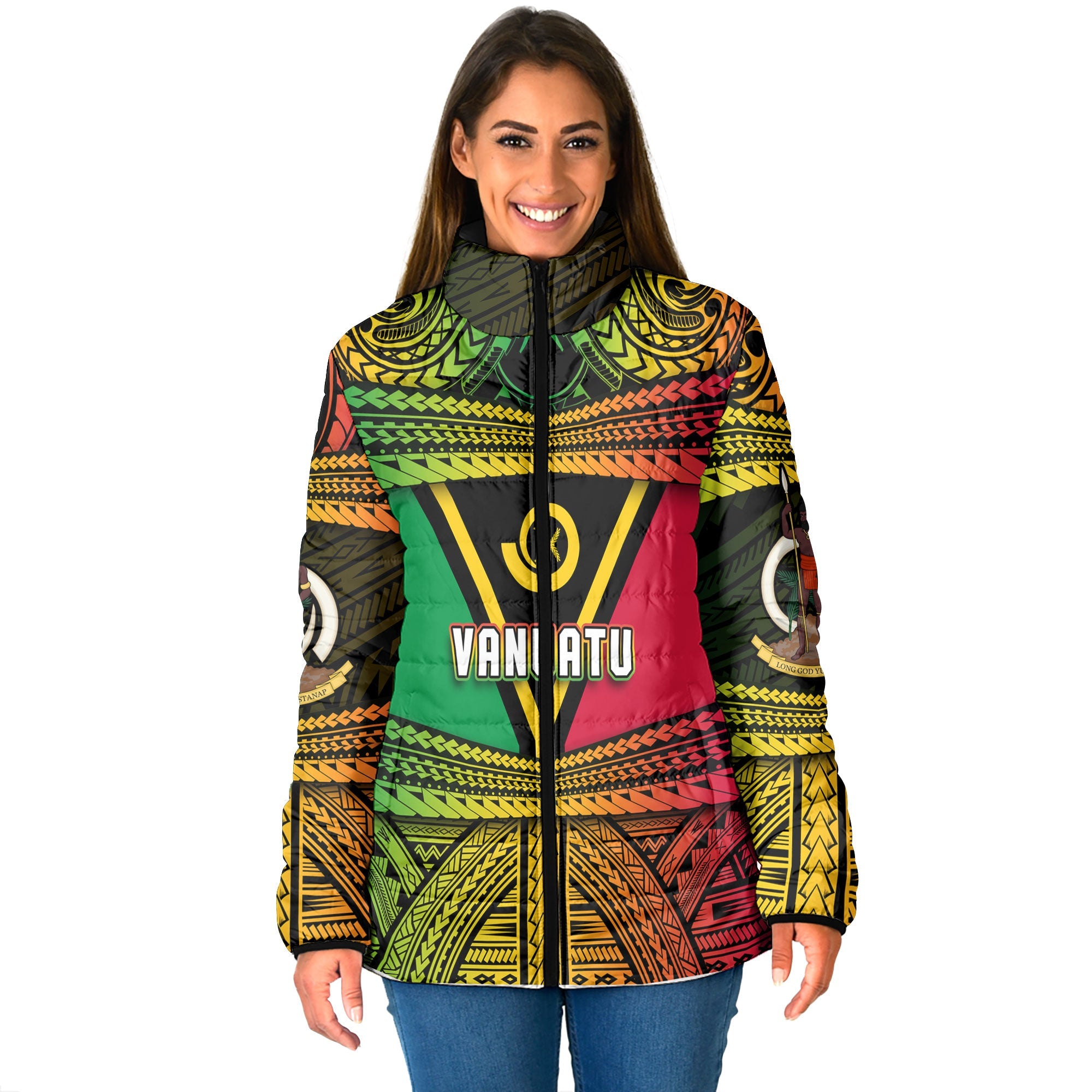 Custom Vanuatu Flag & Coat Of Arms Women Padded Jacket Reggae Style