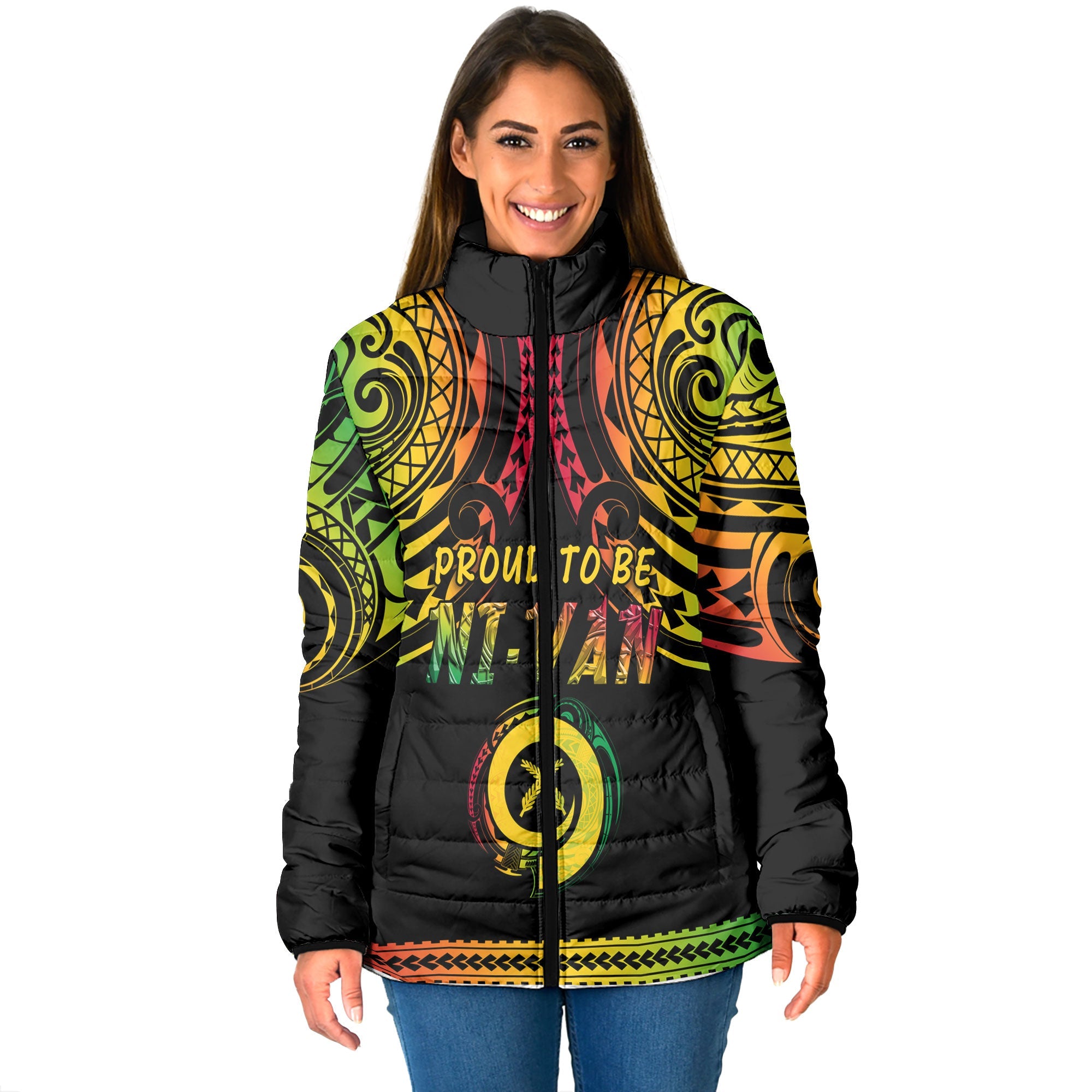 Vanuatu Proud To Be Ni-Van Women Padded Jacket Coat Of Arms Reggae Style