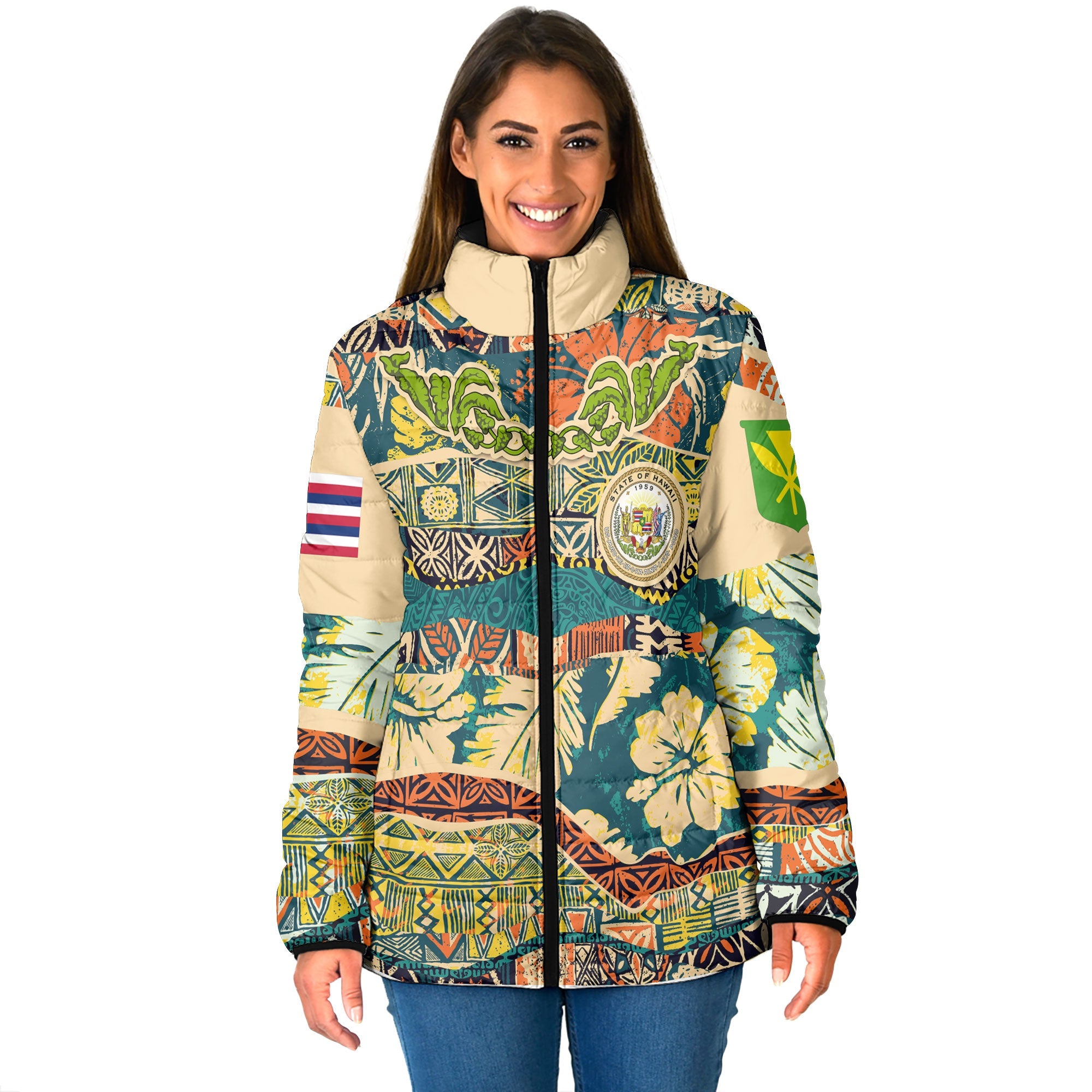 Hawaii Flag Women Padded Jacket Coat Of Arm Style