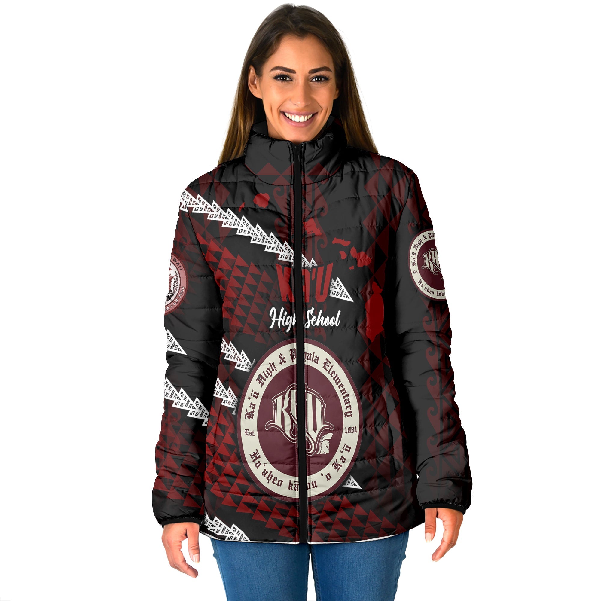 Hawaii Kau High & Pahala Elementary School Custom Women Padded Jacket Map Style