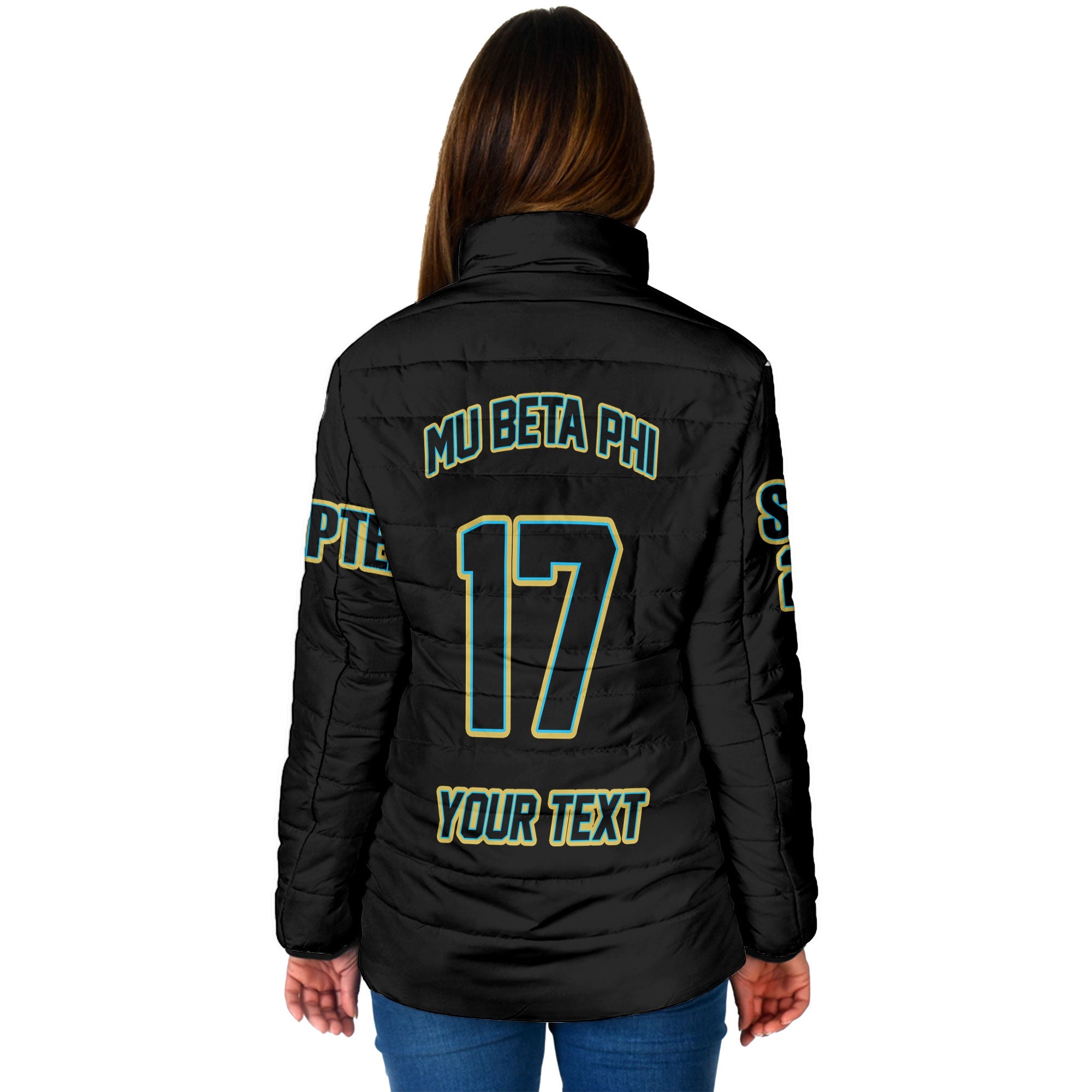 Fraternity Jacket - Personalized Mu Beta Phi Women Padded Jacket Original Black Style