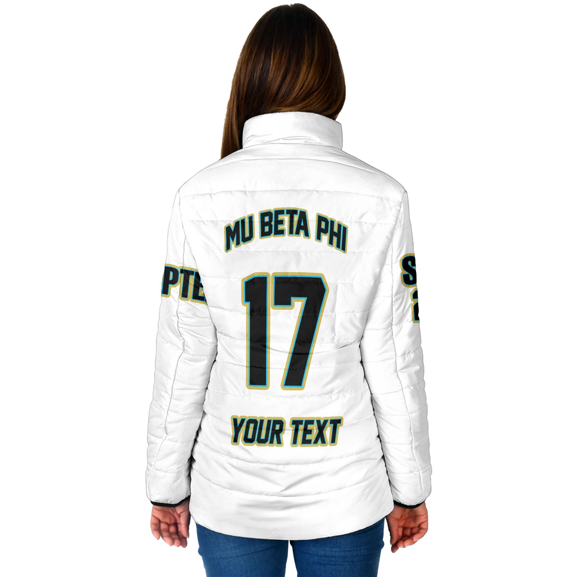 Fraternity Jacket - Personalized Mu Beta Phi Women Padded Jacket Original White Style