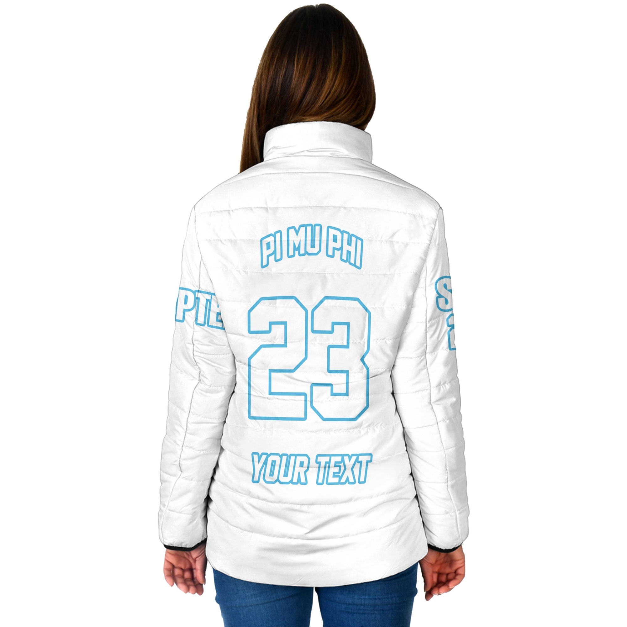 Sorority Jacket - Personalized Pi Mu Phi Women Padded Jacket Original White Style