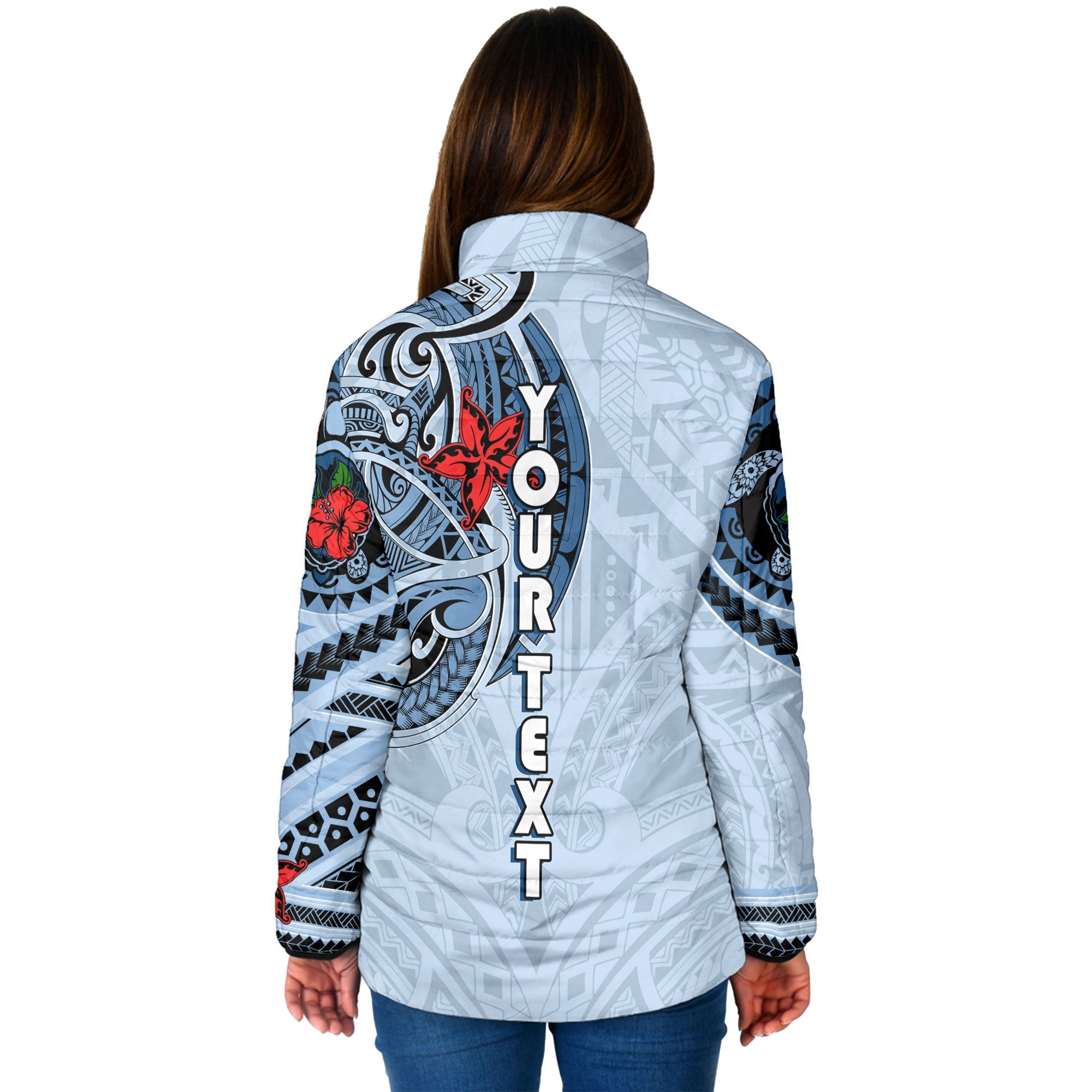 Custom King Kamehameha Hawaiian Women Padded Jacket Sea Green Plumeria Style