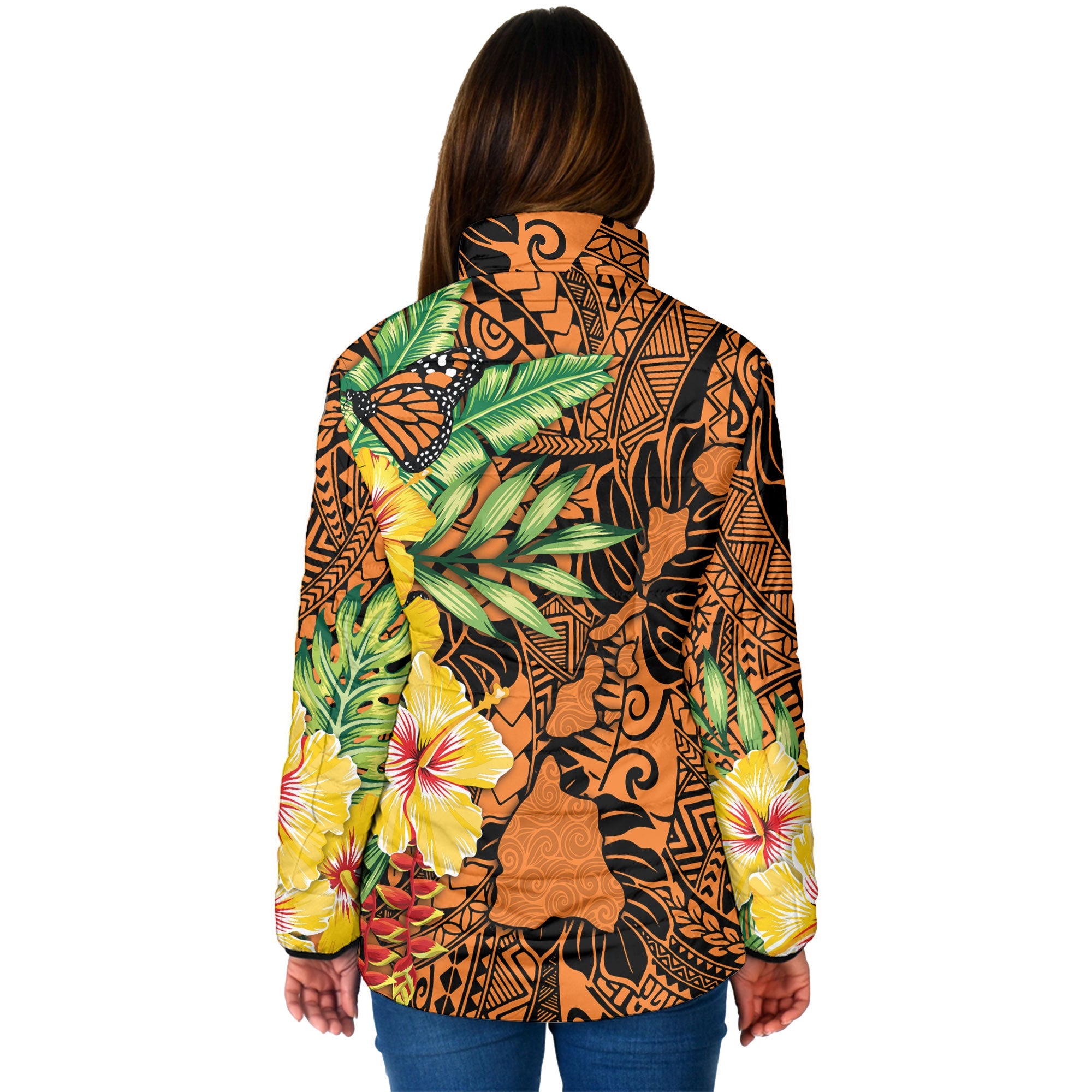 Hawaii Women Padded Jacket Kamehameha Butterfly Tropical Style