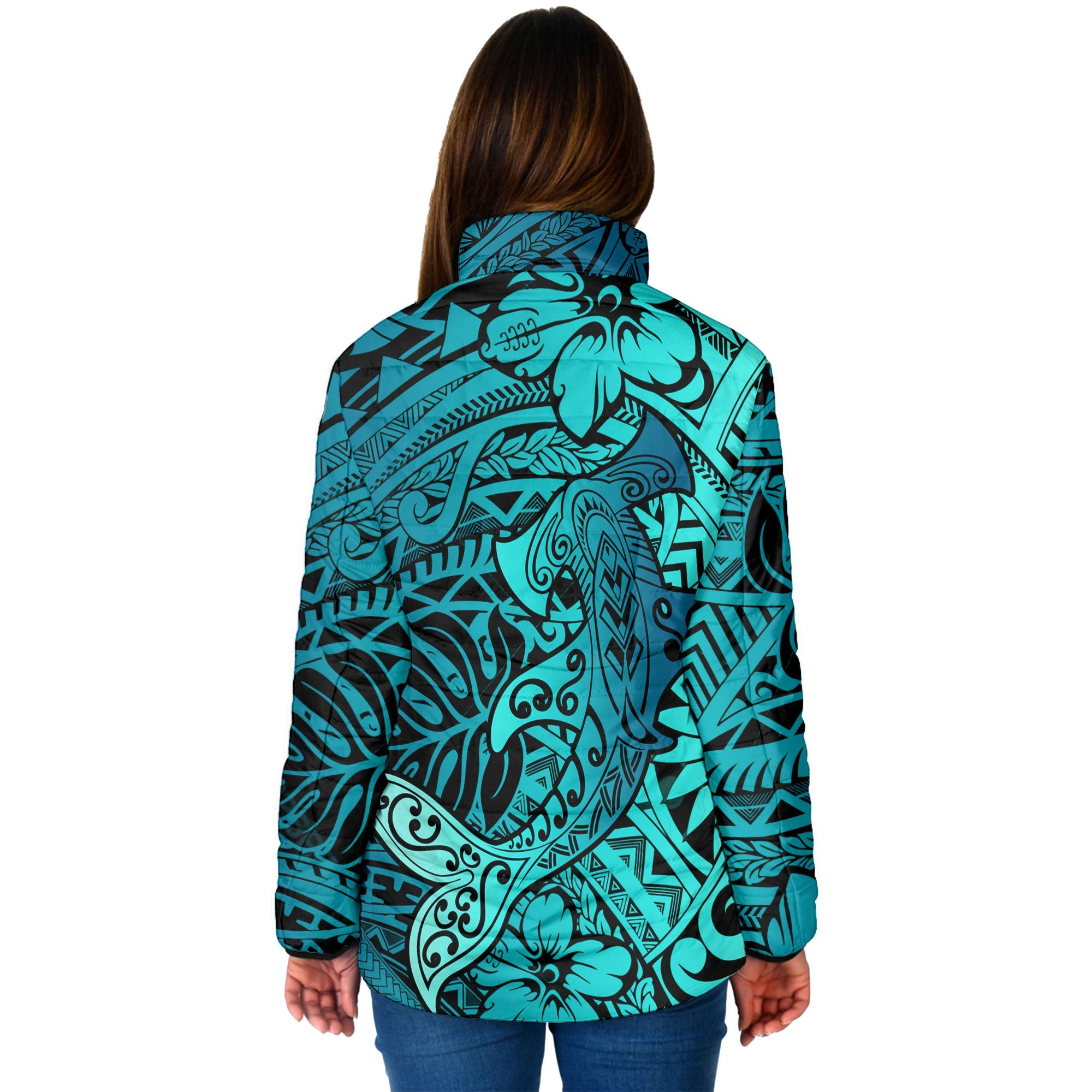 Hawaii Hammerhead Shark Women Padded Jacket Light See Blue Style