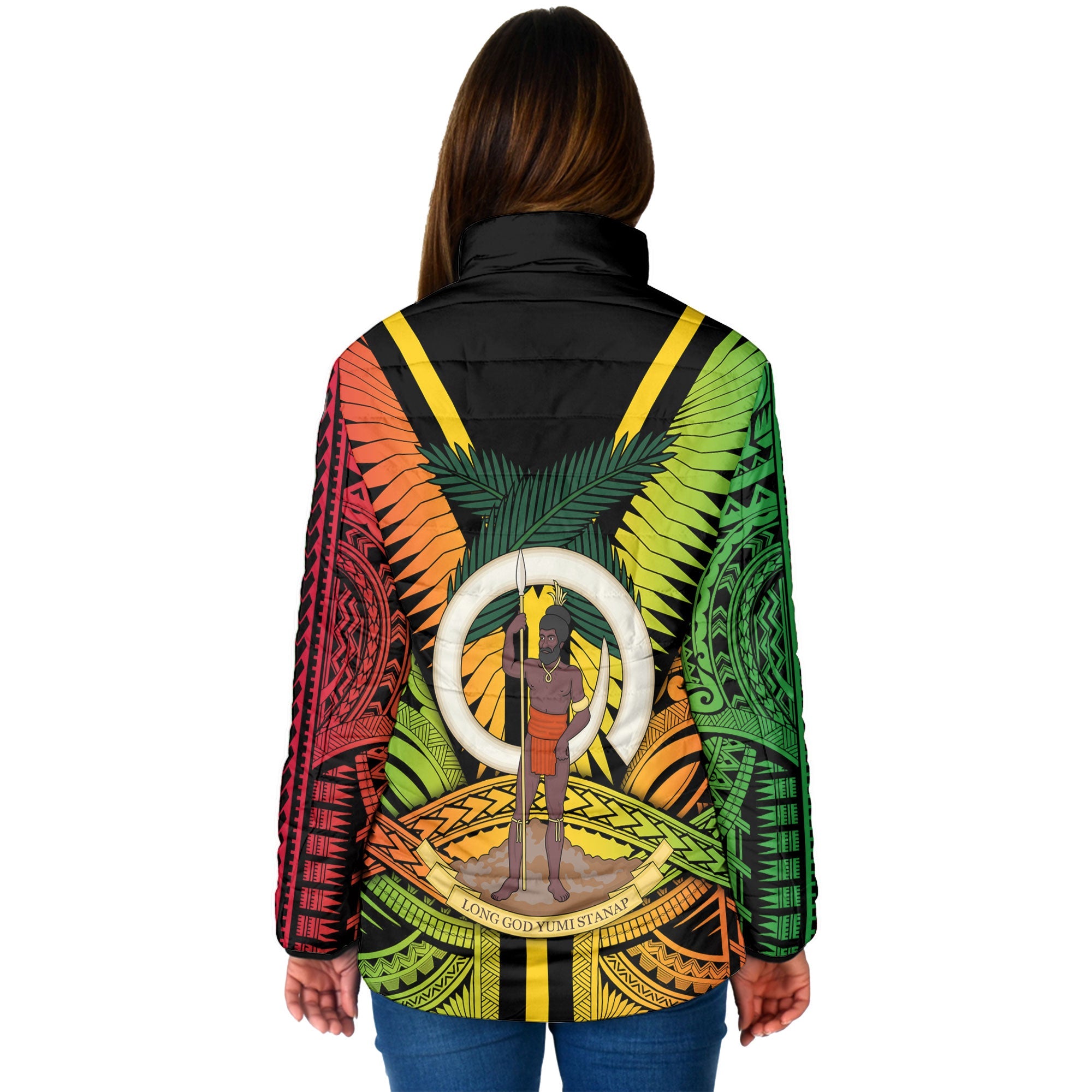 Vanuatu Women Padded Jacket Coat Of Arms Reggae Style