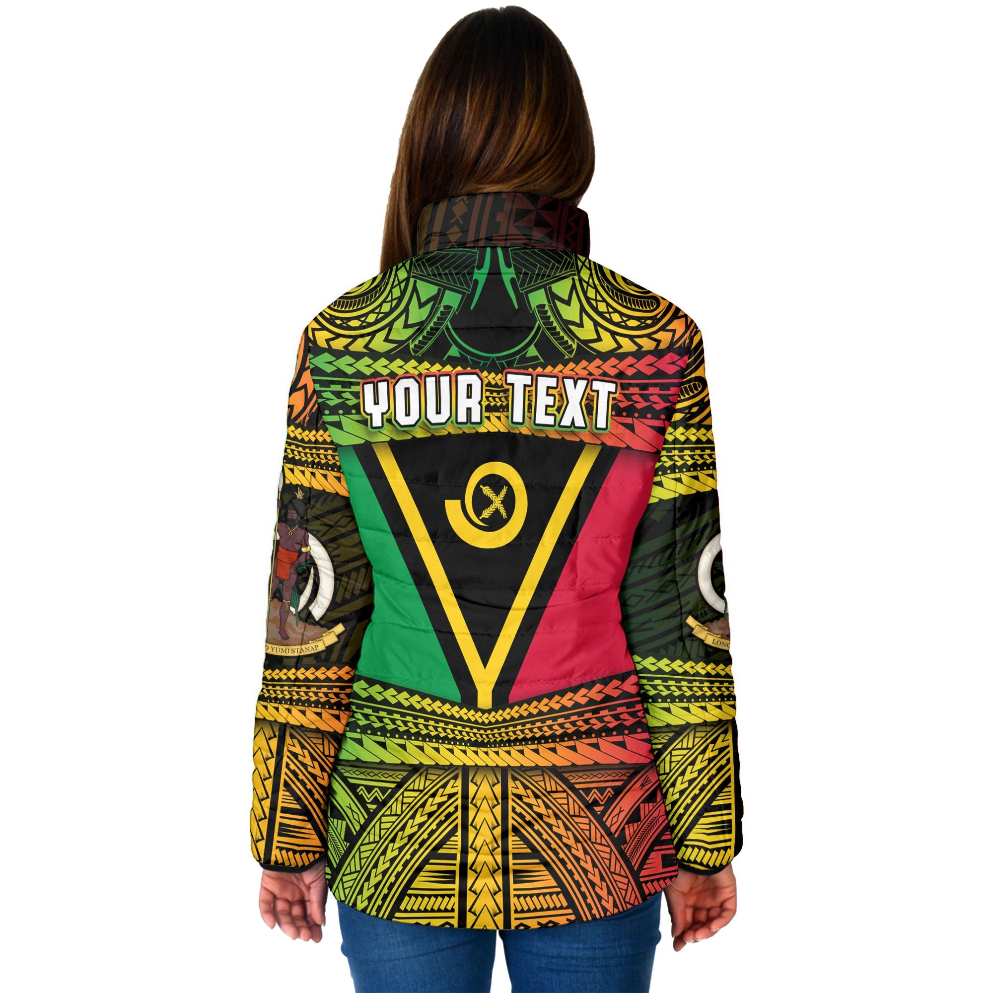 Custom Vanuatu Flag & Coat Of Arms Women Padded Jacket Reggae Style