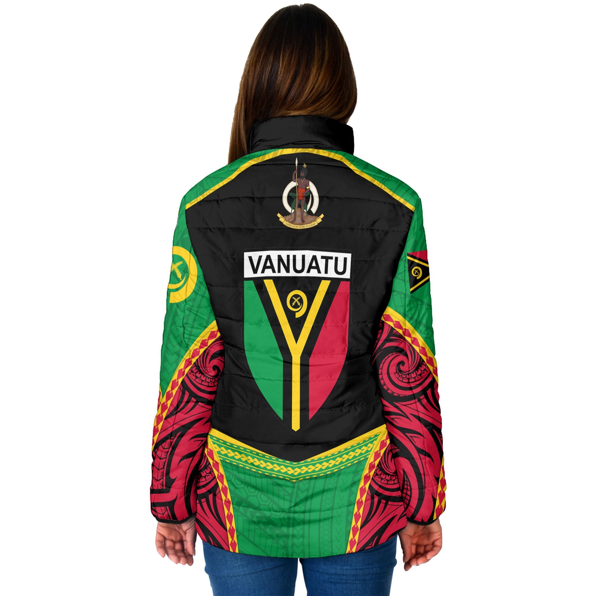 Custom Vanuatu Flag & Coat Of Arms Women Padded Jacket Black Style