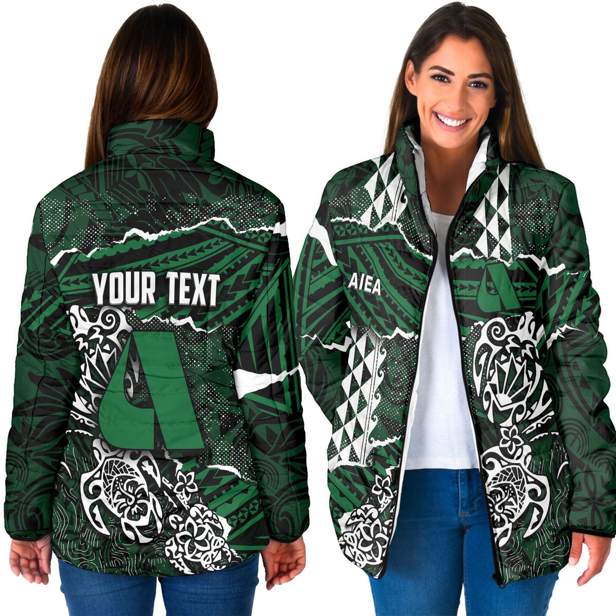 Hawaii Aiea High School Custom Women Padded Jacket Polynesian Turtle Style