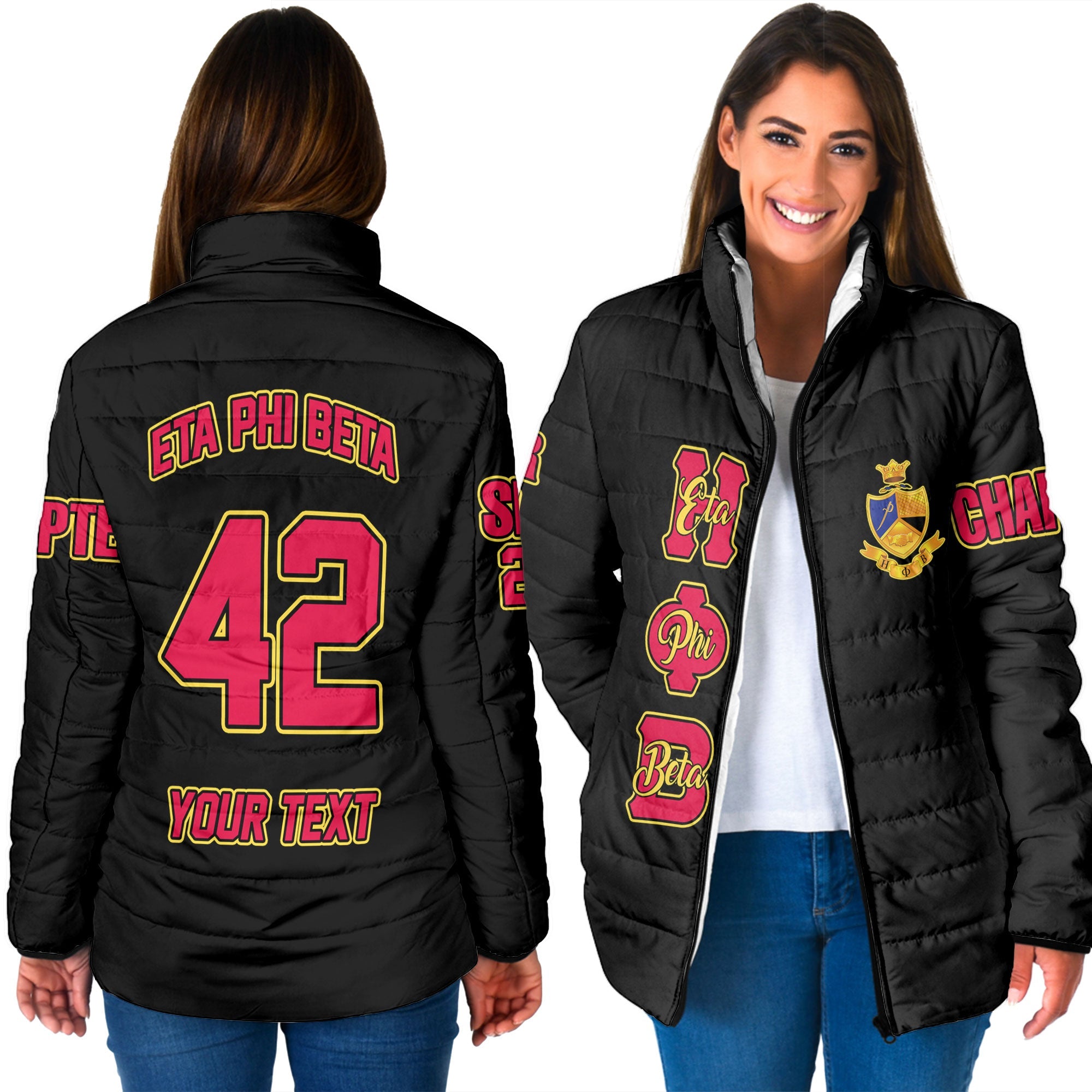 Sorority Jacket - Personalized Eta Phi Beta Women Padded Jacket Original Black Style