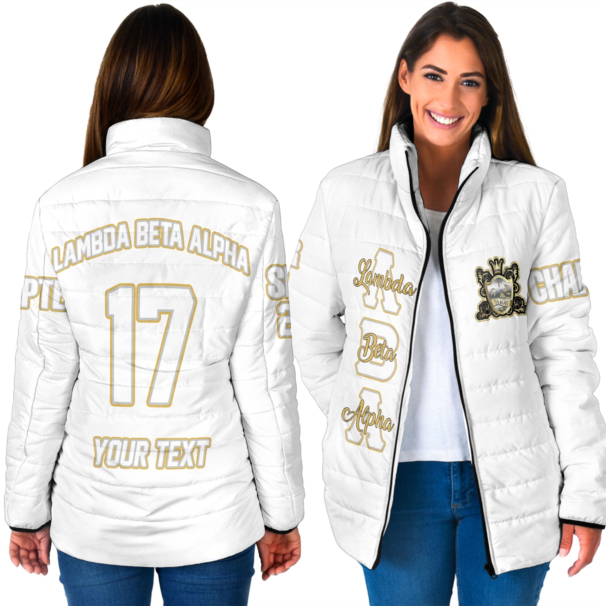 Sorority Jacket - Personalized Lambda Beta Alpha Women Padded Jacket Original White Style