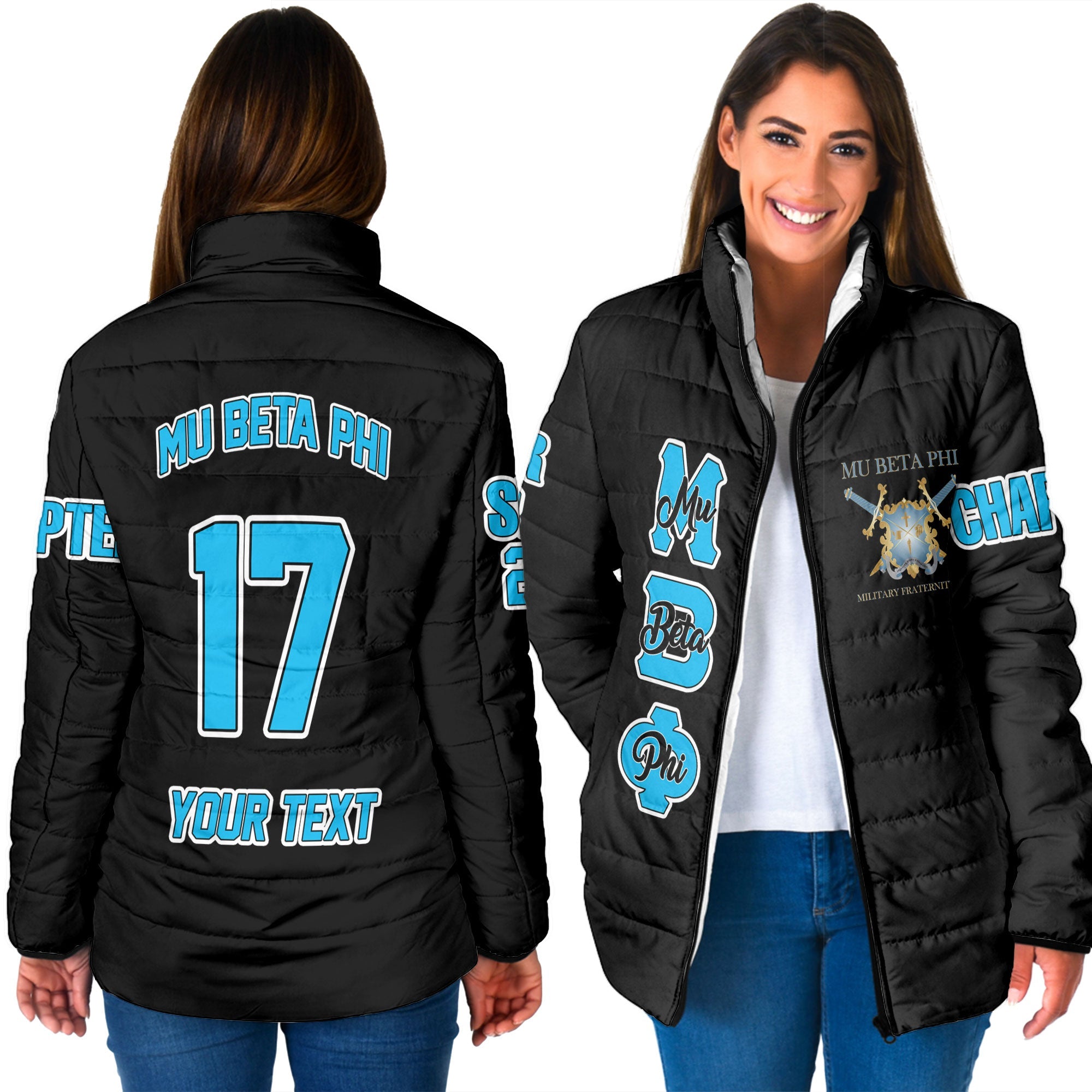 Fraternity Jacket - Personalized Mu Beta Phi Women Padded Jacket Original Dark Style