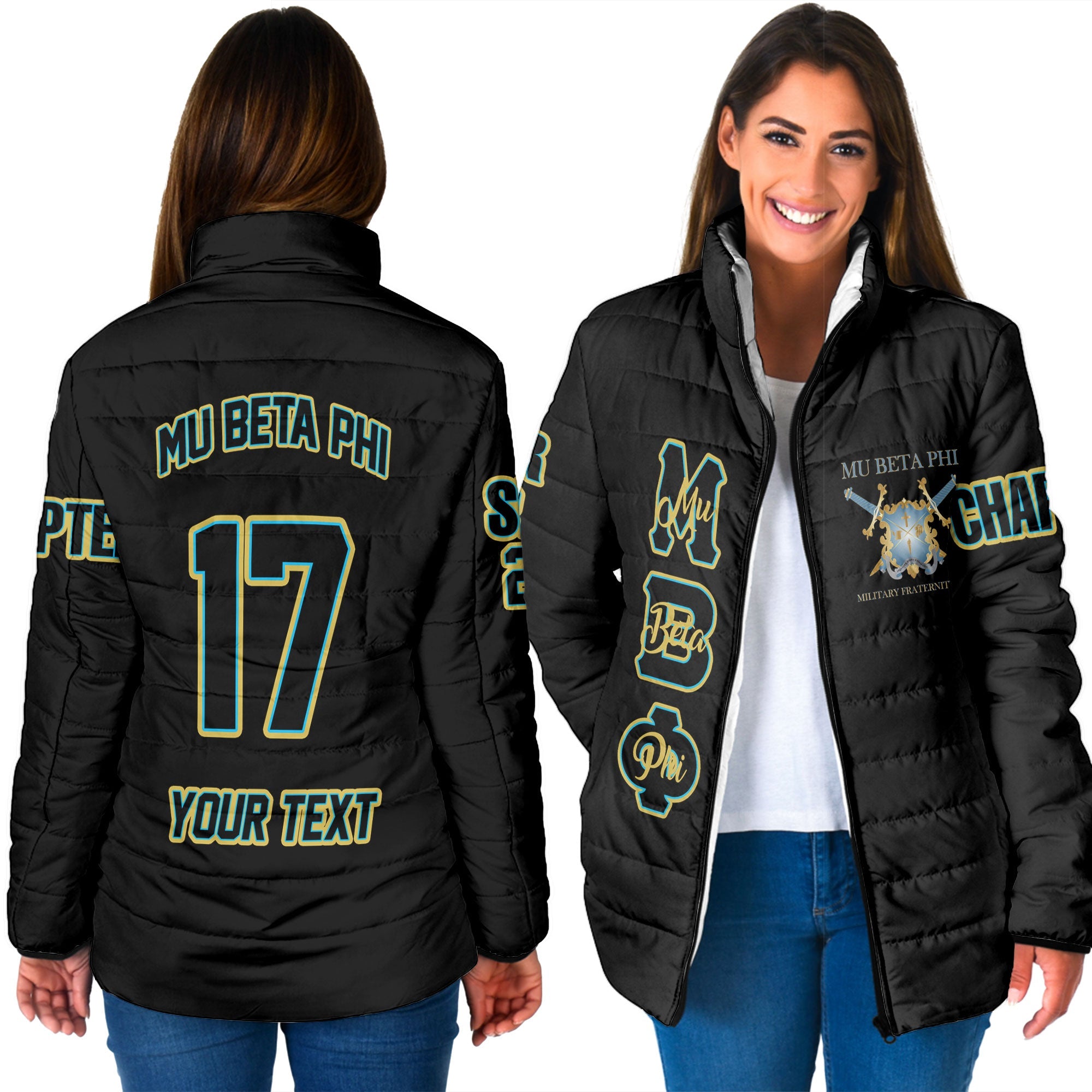 Fraternity Jacket - Personalized Mu Beta Phi Women Padded Jacket Original Black Style