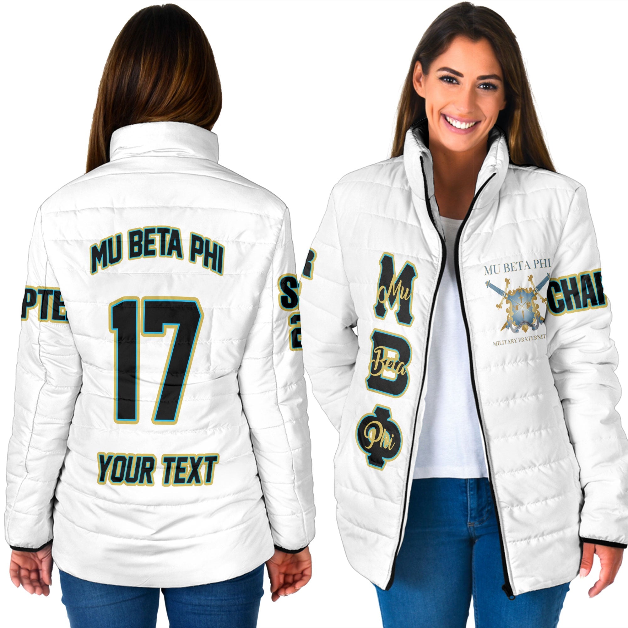 Fraternity Jacket - Personalized Mu Beta Phi Women Padded Jacket Original White Style