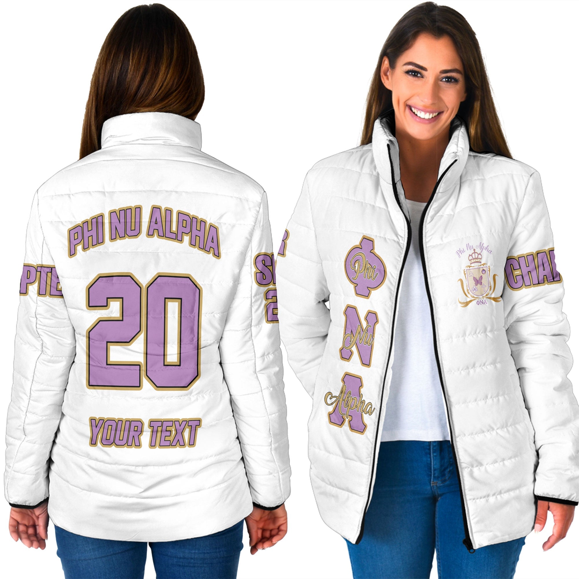 Sorority Jacket - Personalized Phi Nu Alpha Women Padded Jacket Original White Style
