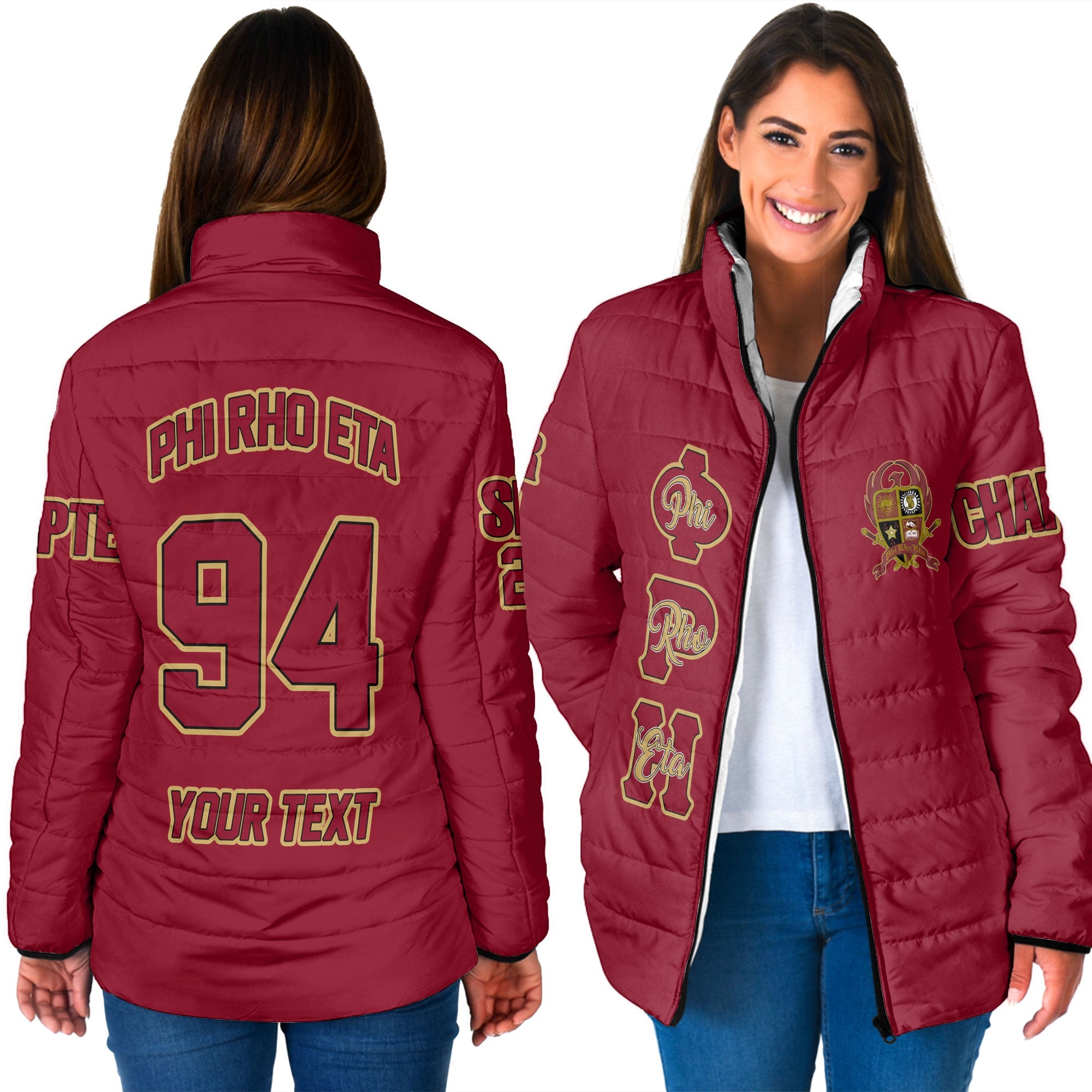 Fraternity Jacket - Personalized Phi Rho Eta Women Padded Jacket Original Maroon Style