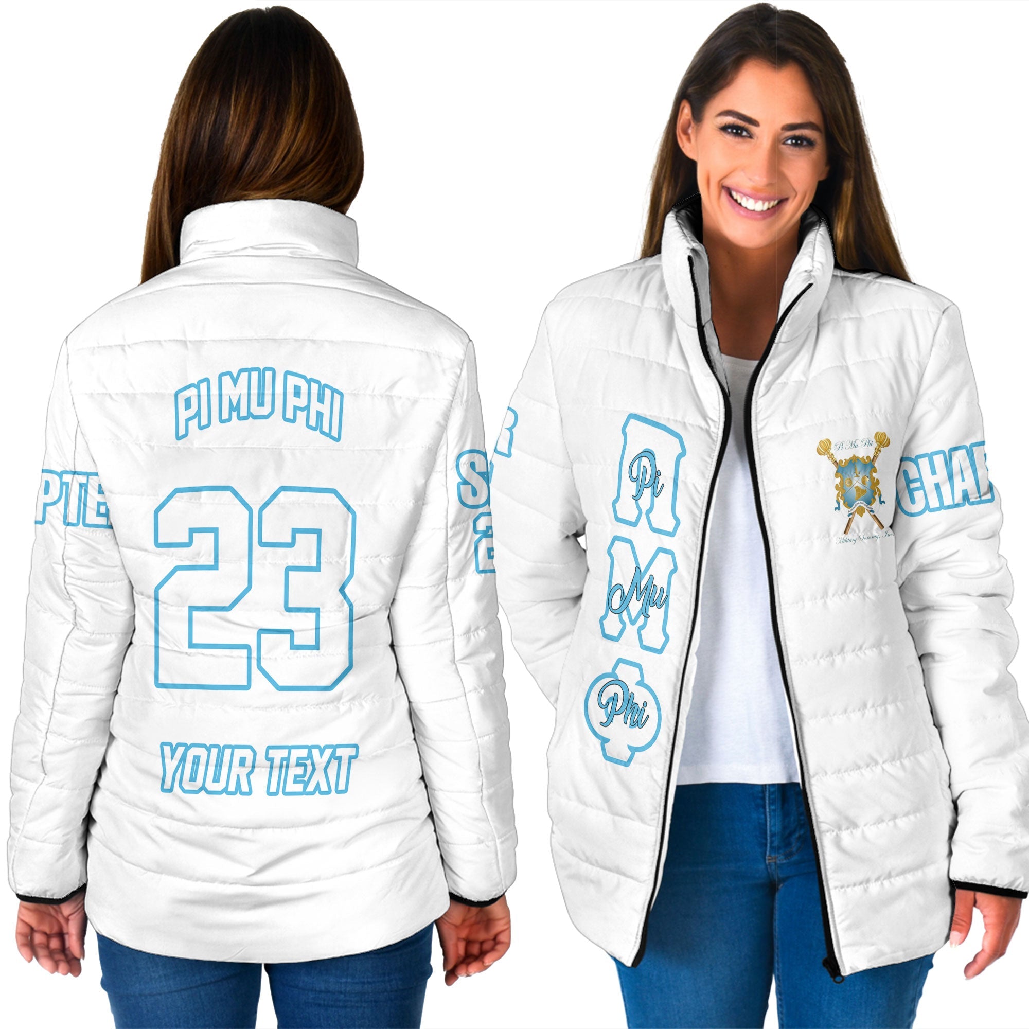 Sorority Jacket - Personalized Pi Mu Phi Women Padded Jacket Original White Style