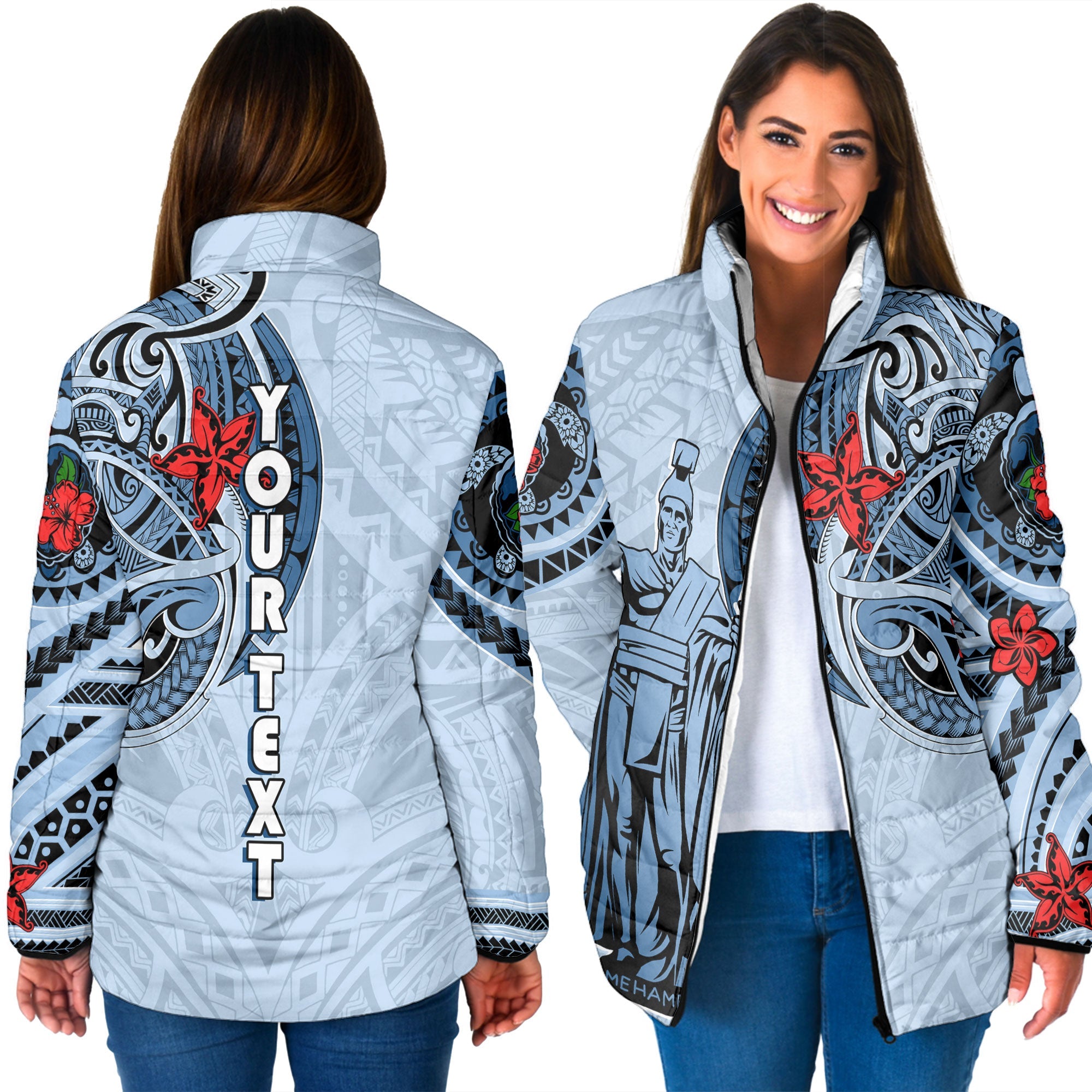 Custom King Kamehameha Hawaiian Women Padded Jacket Sea Green Plumeria Style