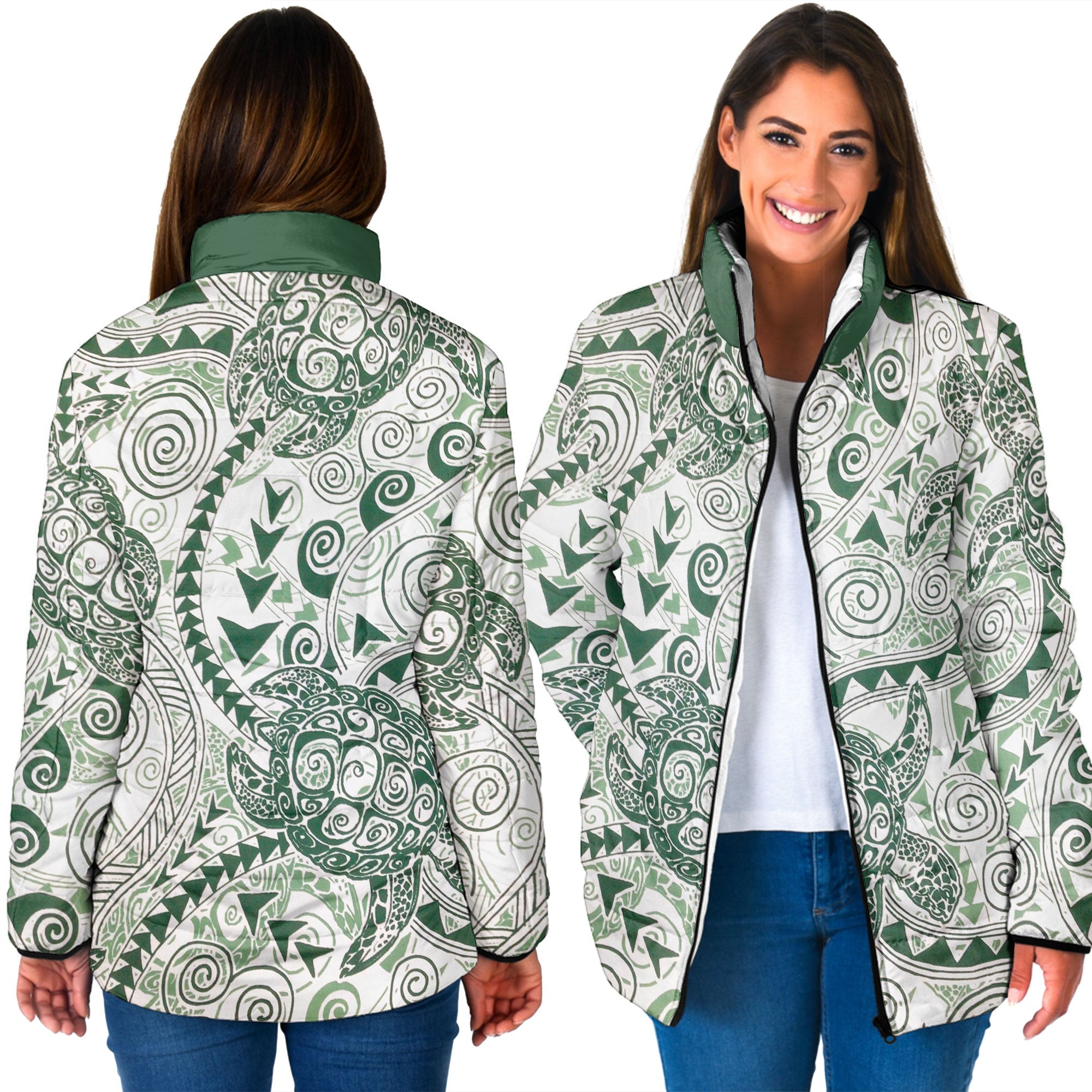 Hawaii Polynesian Turtle Women Padded Jacket Green Style