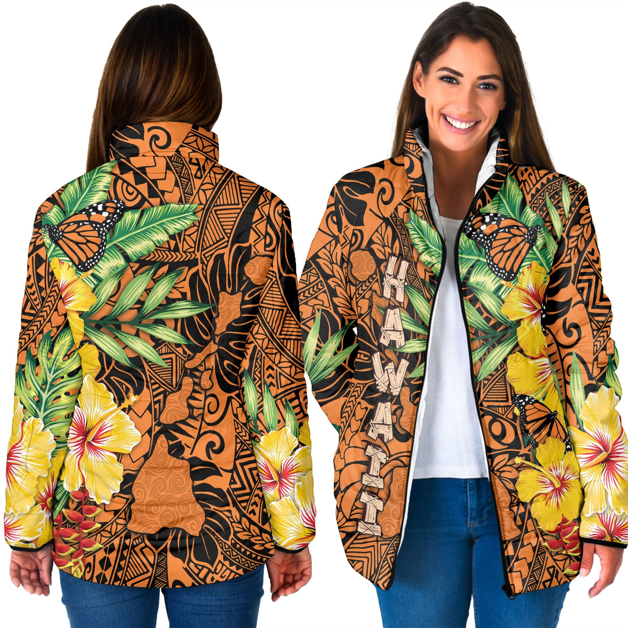 Hawaii Women Padded Jacket Kamehameha Butterfly Tropical Style