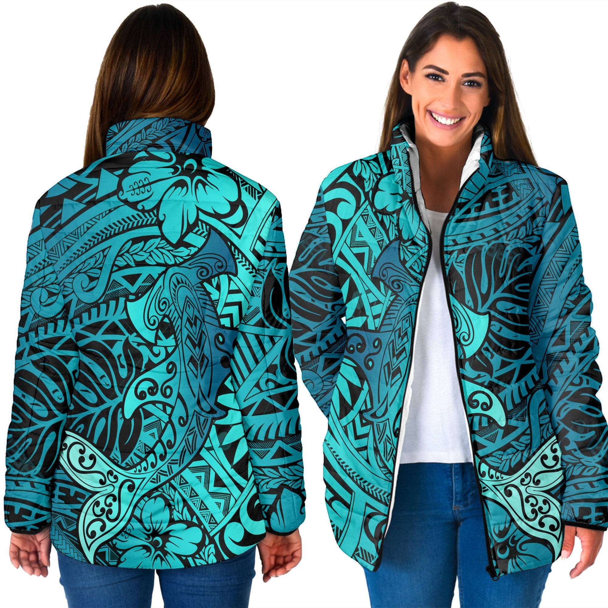 Hawaii Hammerhead Shark Women Padded Jacket Light See Blue Style