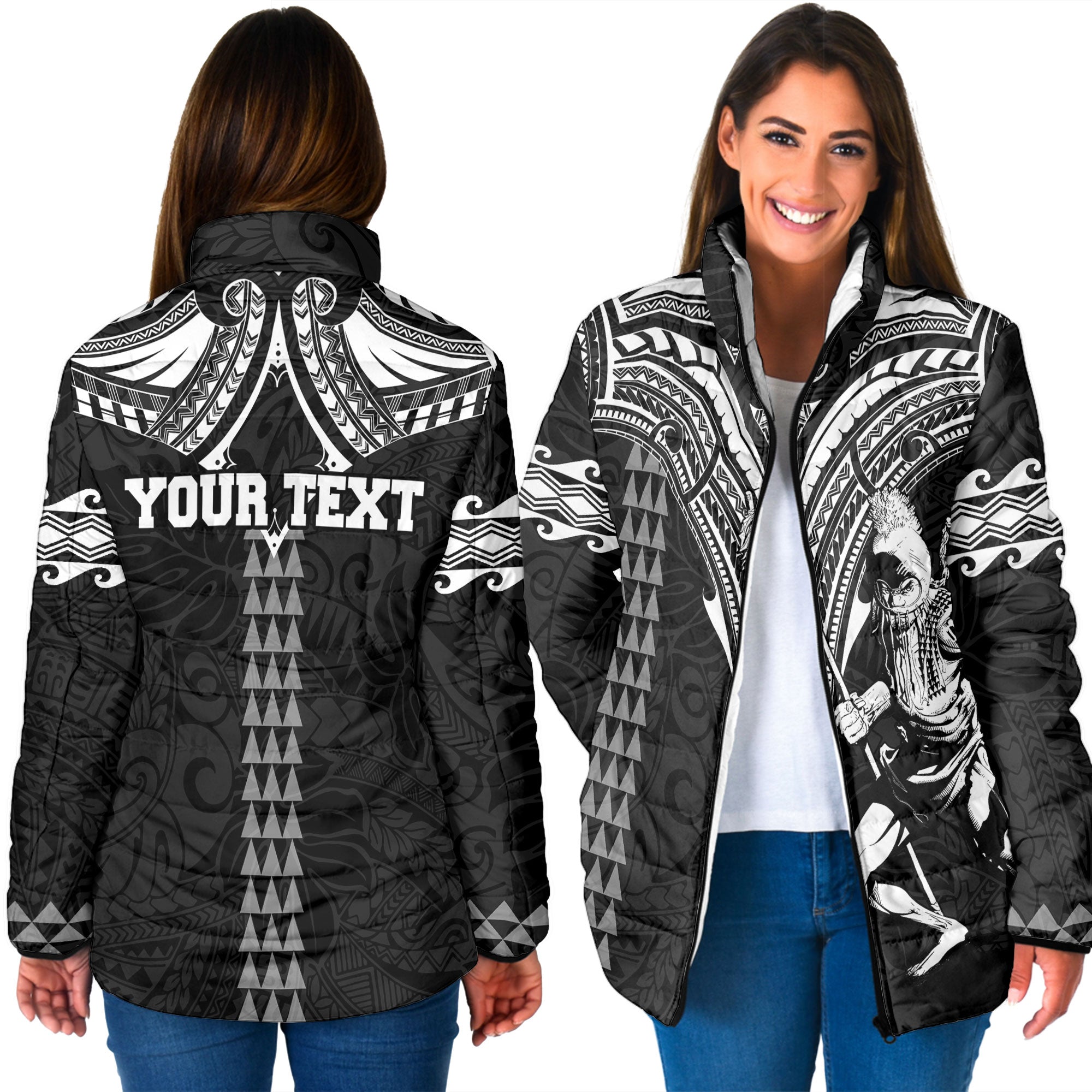 Custom Hawaii Ikaika Warrior Women Padded Jacket Polynesian Tattoo Style