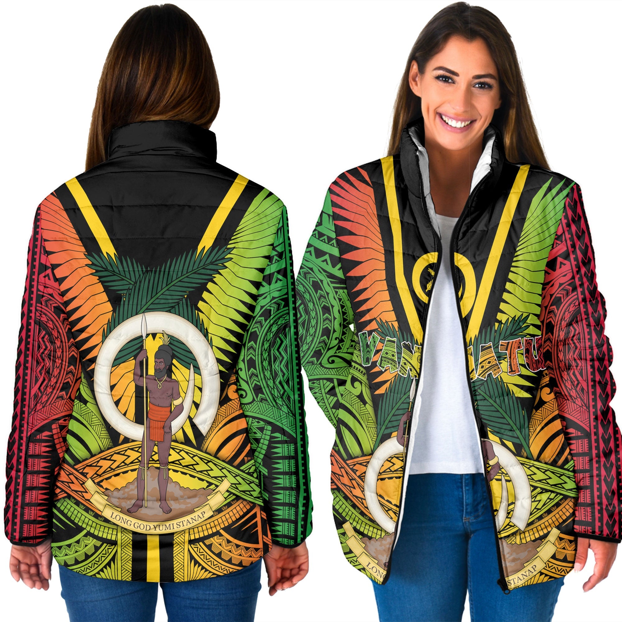 Vanuatu Women Padded Jacket Coat Of Arms Reggae Style