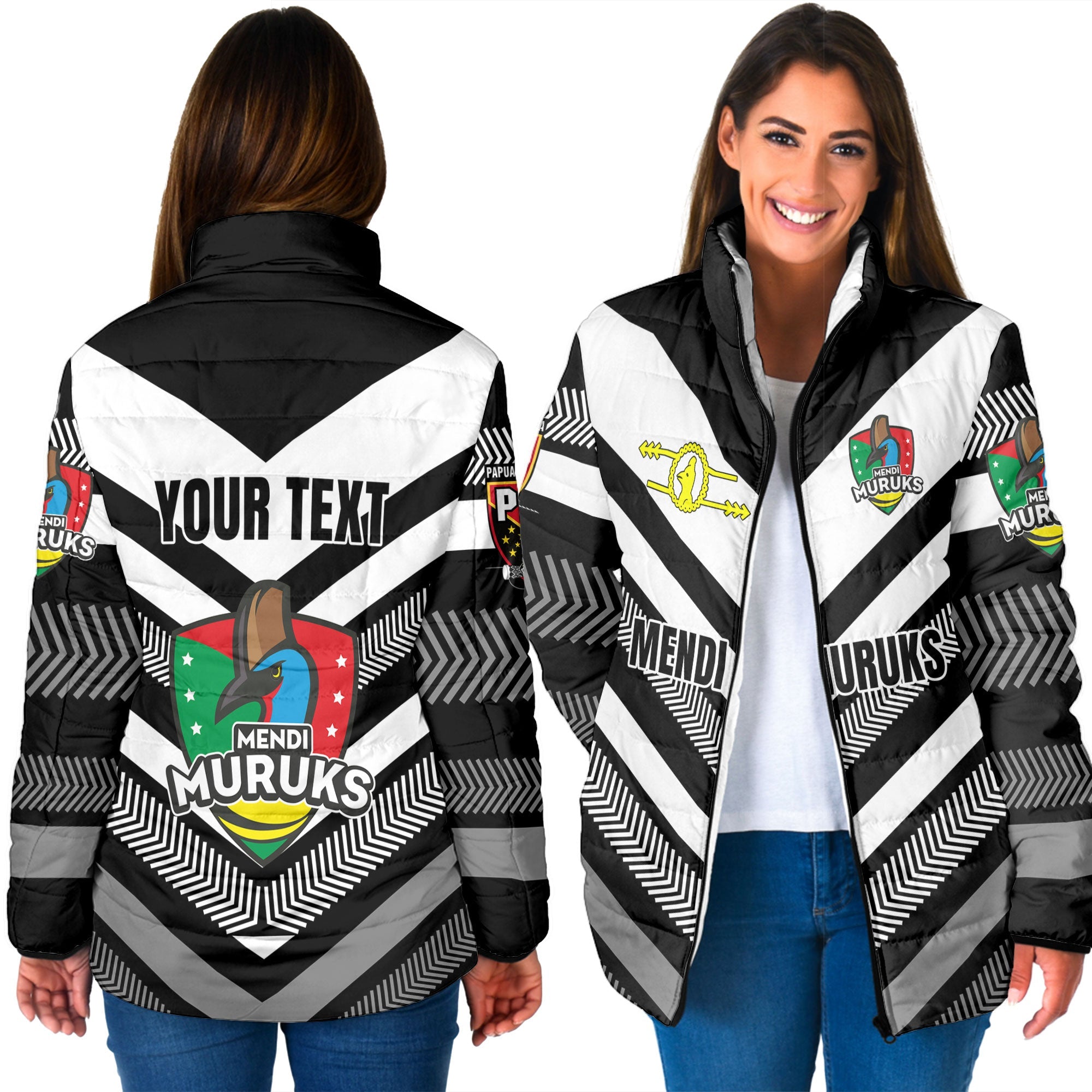 Custom Mendi Muruks Women Padded Jacket Papua New Guinea Rugby Black & White Style