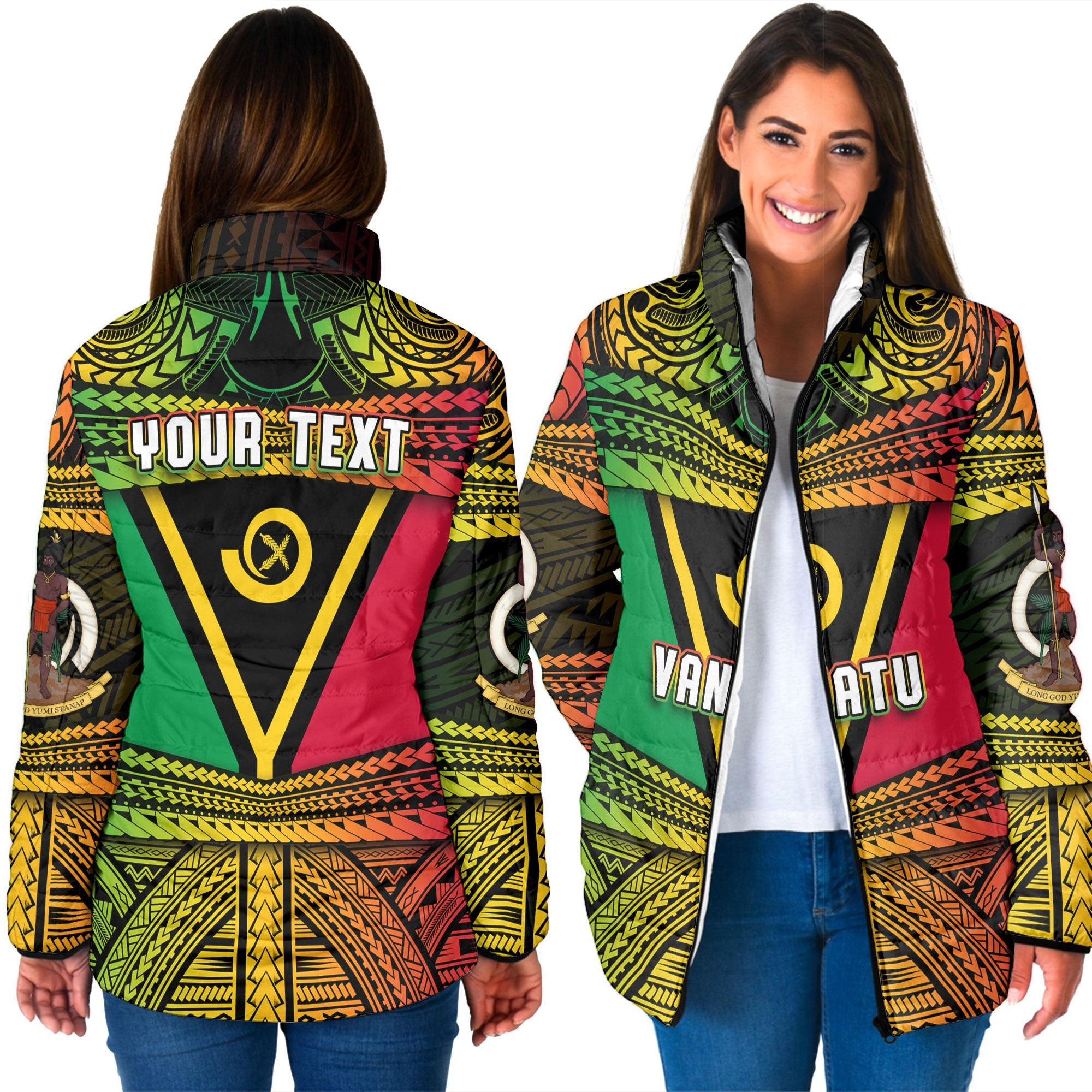 Custom Vanuatu Flag & Coat Of Arms Women Padded Jacket Reggae Style