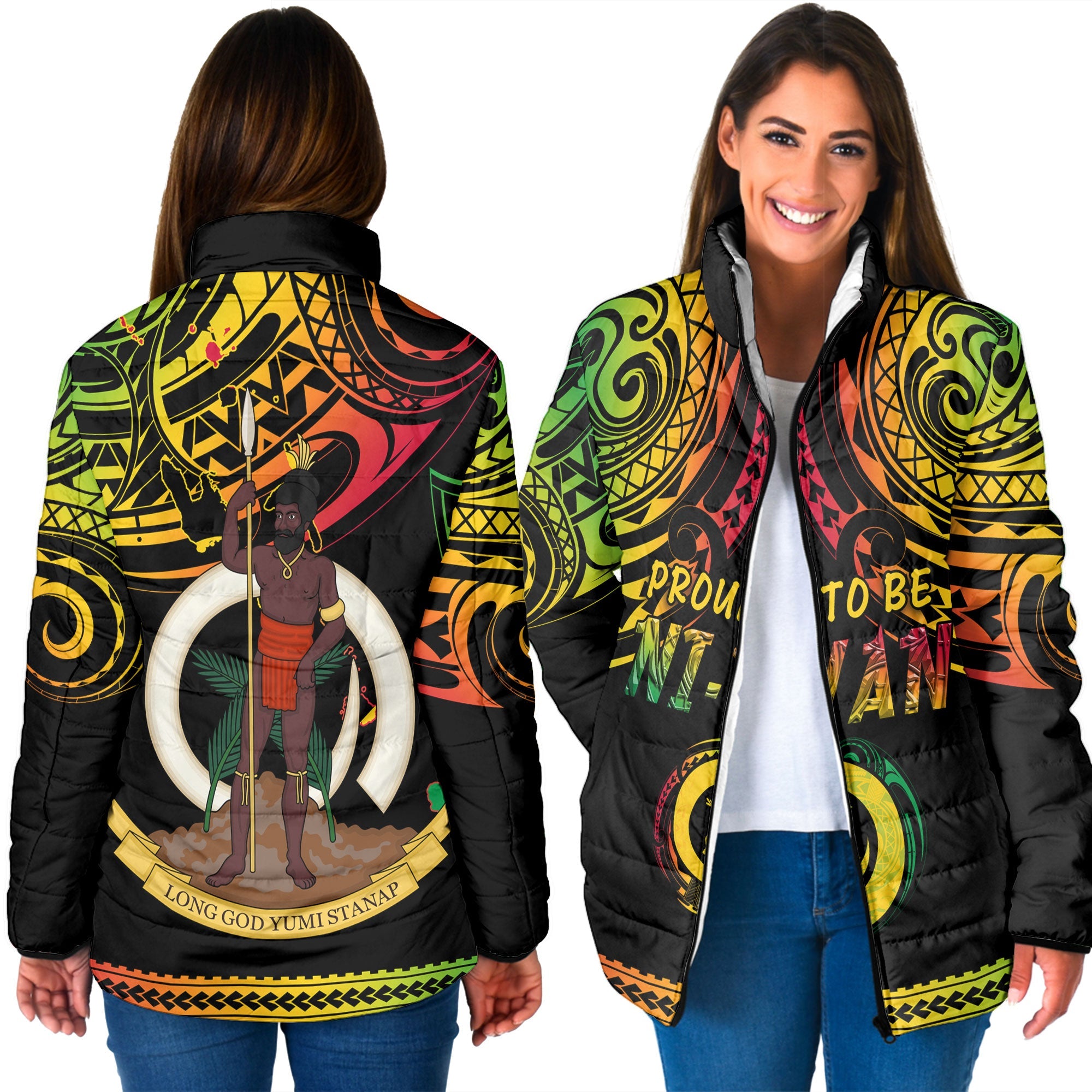 Vanuatu Proud To Be Ni-Van Women Padded Jacket Coat Of Arms Reggae Style