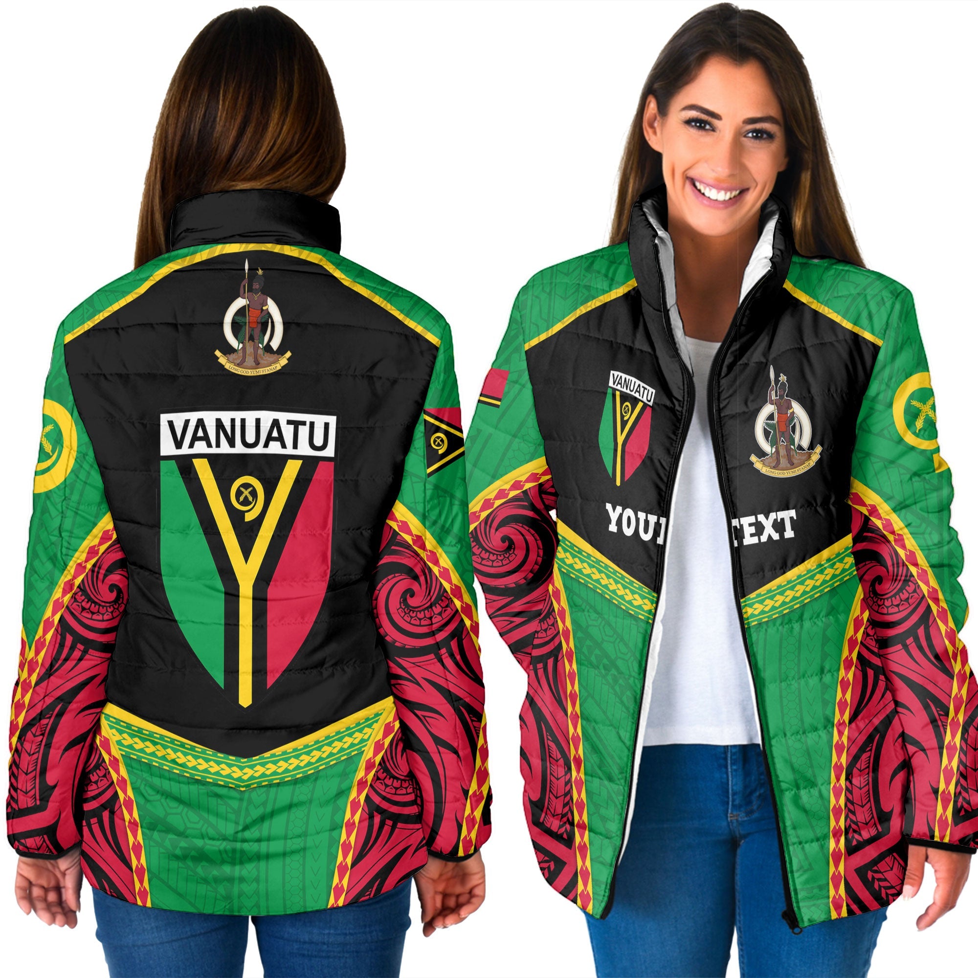 Custom Vanuatu Flag & Coat Of Arms Women Padded Jacket Black Style