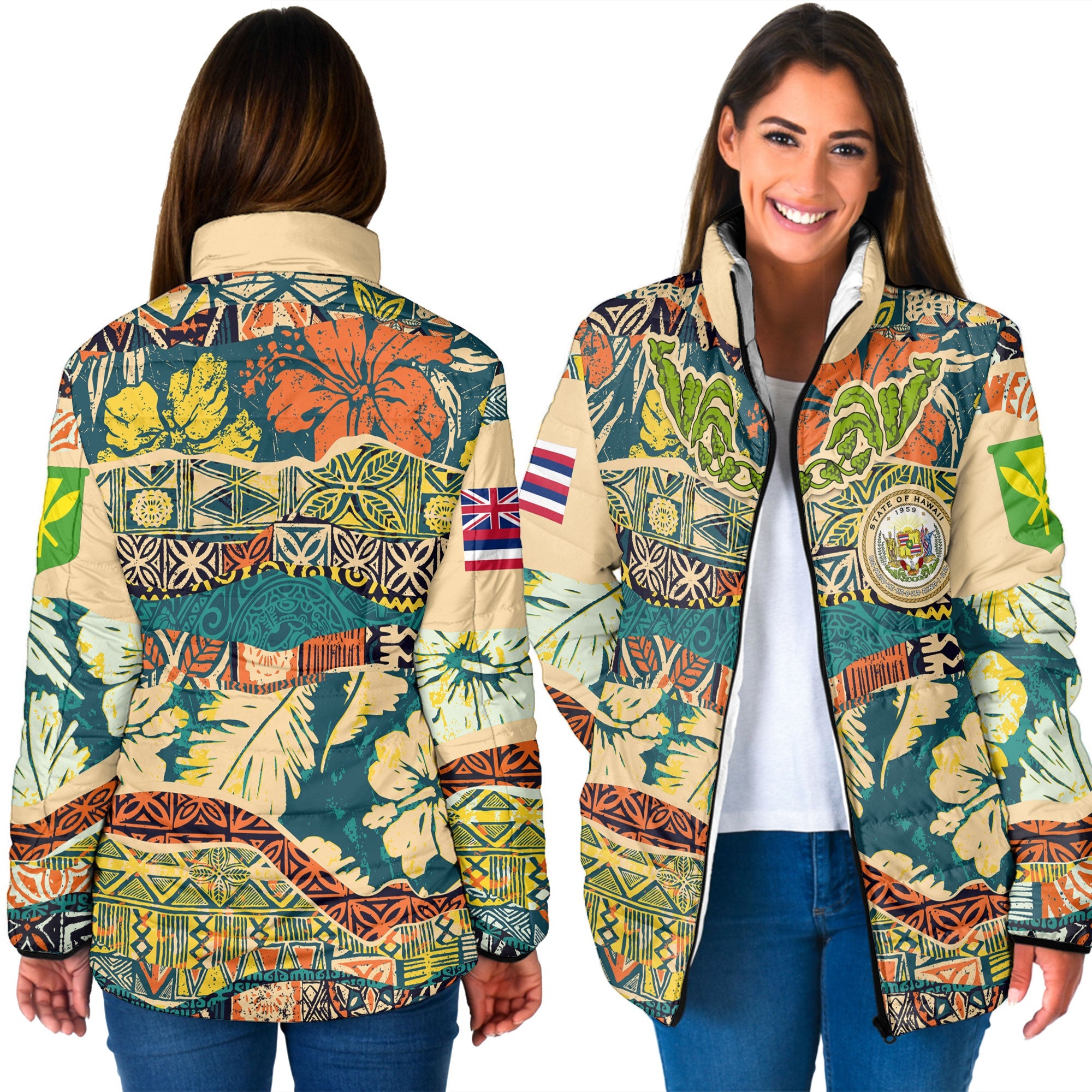 Hawaii Flag Women Padded Jacket Coat Of Arm Style