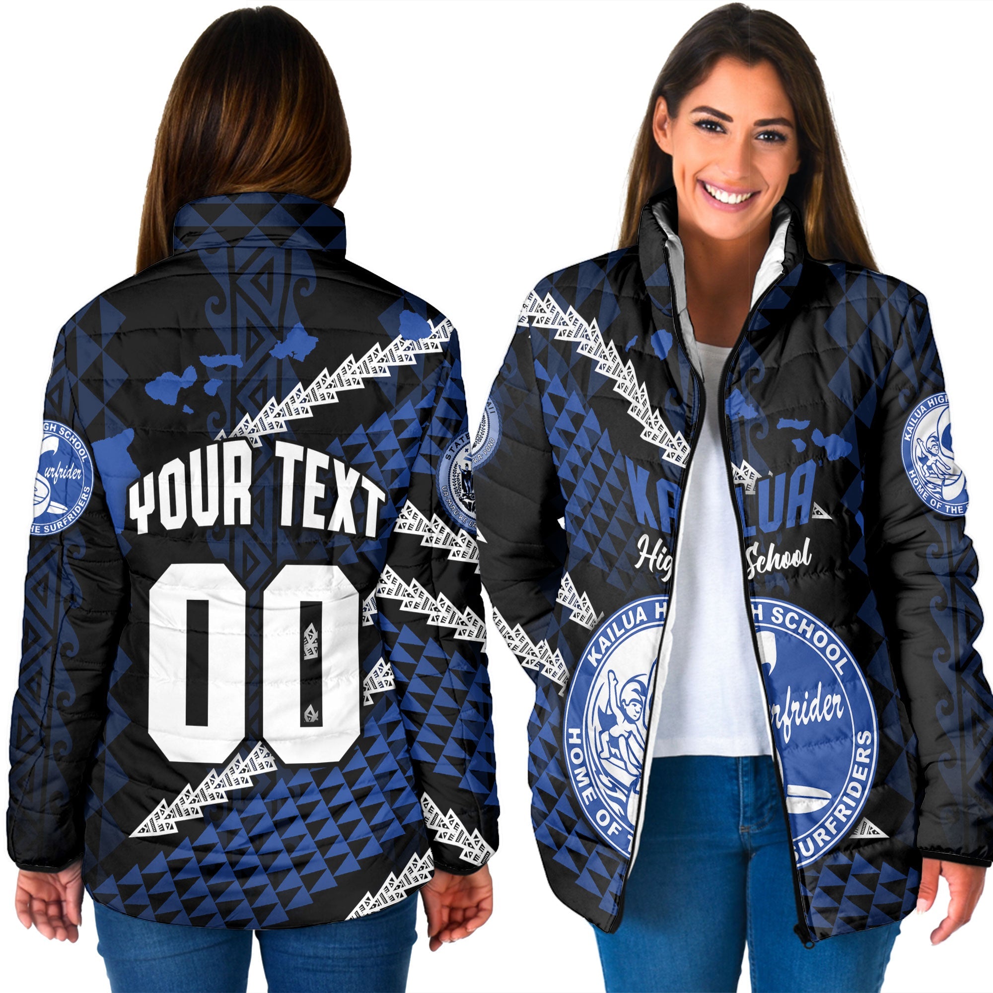 Hawaii Kailua High School Custom Women Padded Jacket Map Style