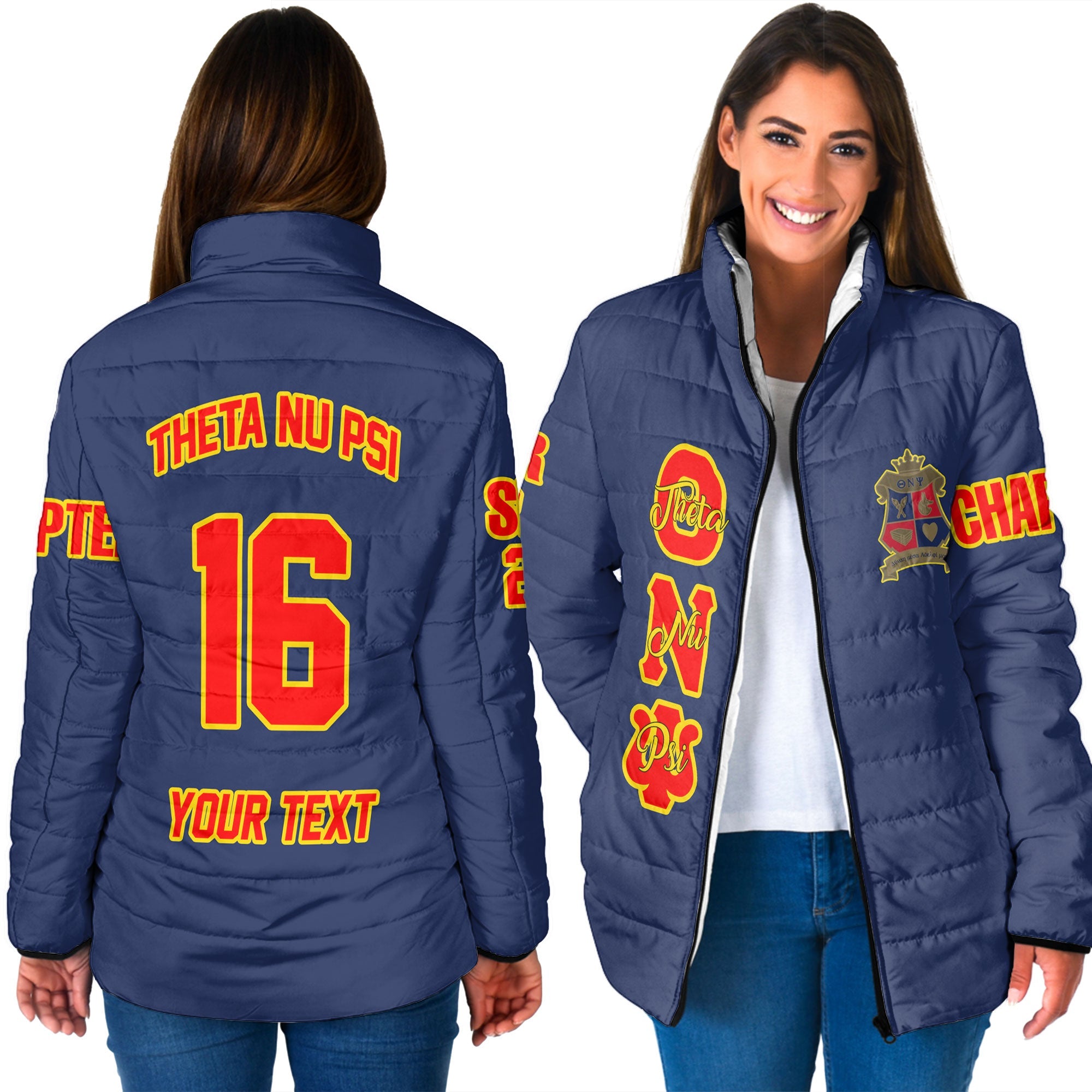 Fraternity Jacket - Personalized Theta Nu Psi Women Padded Jacket Original Blue Style