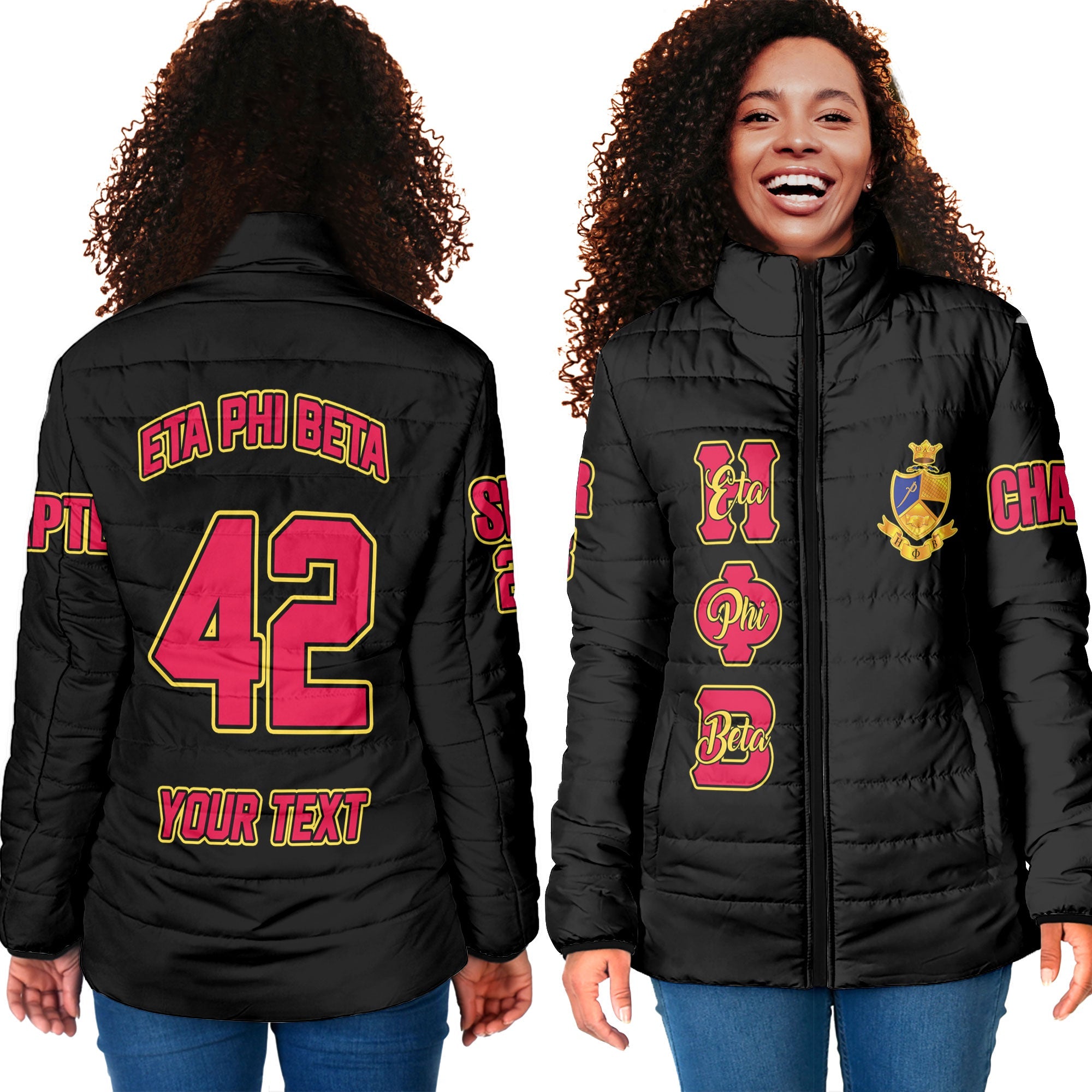 Sorority Jacket - Personalized Eta Phi Beta Women Padded Jacket Original Black Style