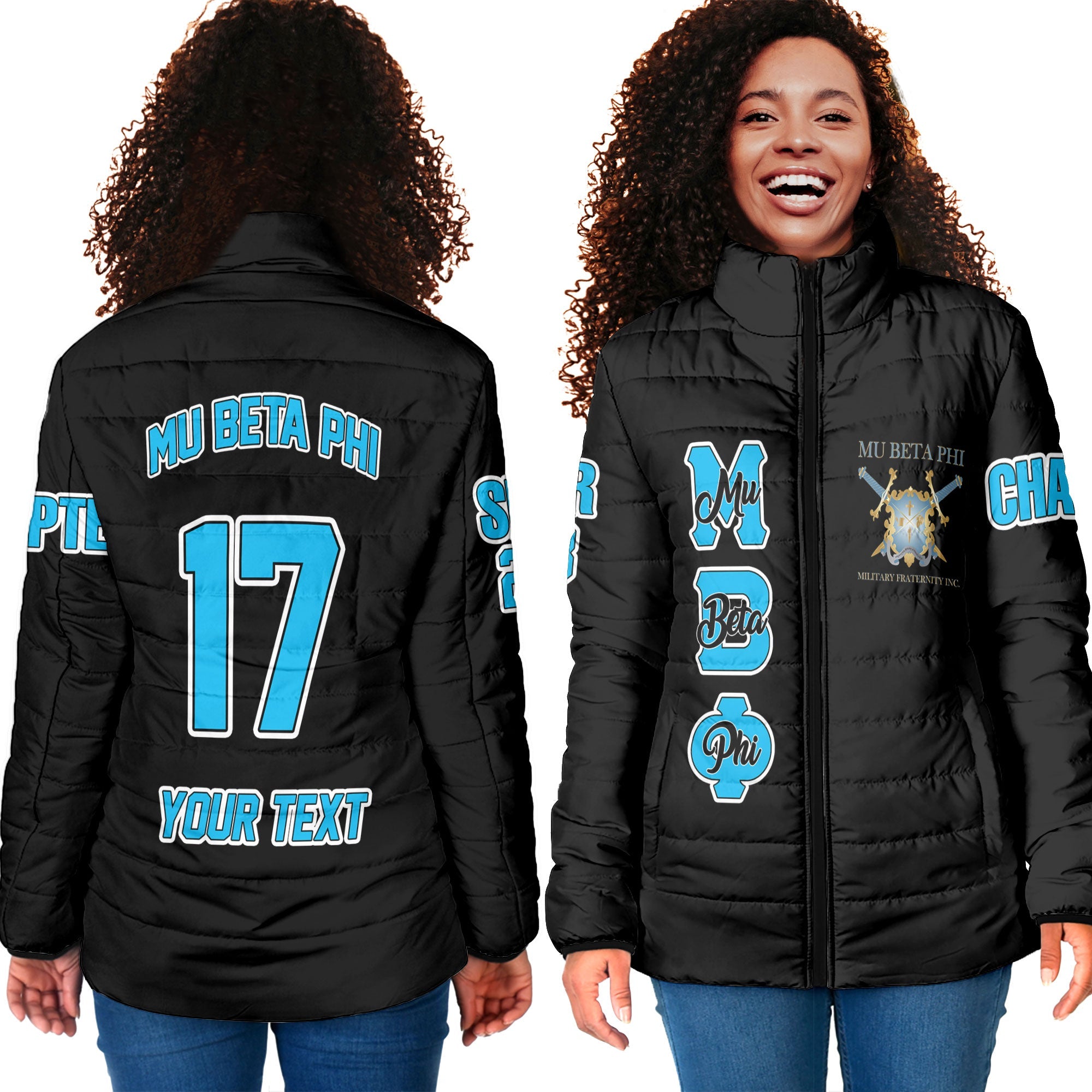 Fraternity Jacket - Personalized Mu Beta Phi Women Padded Jacket Original Dark Style