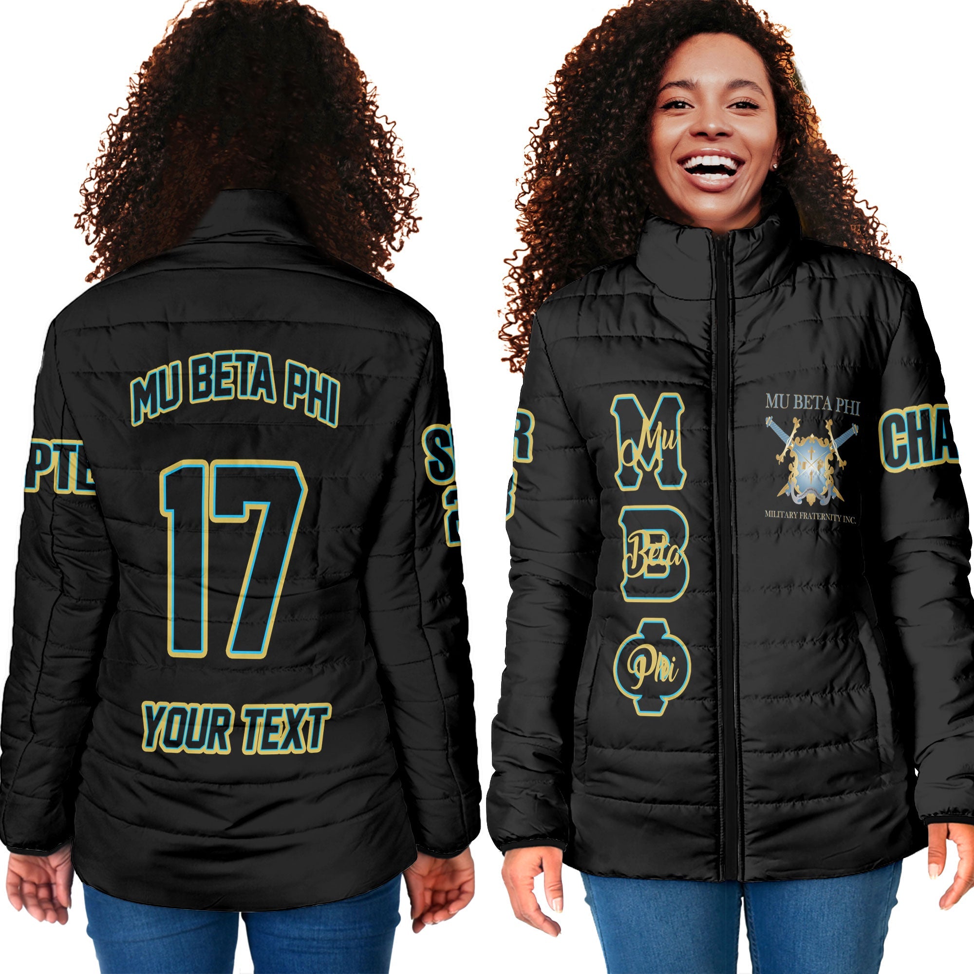 Fraternity Jacket - Personalized Mu Beta Phi Women Padded Jacket Original Black Style