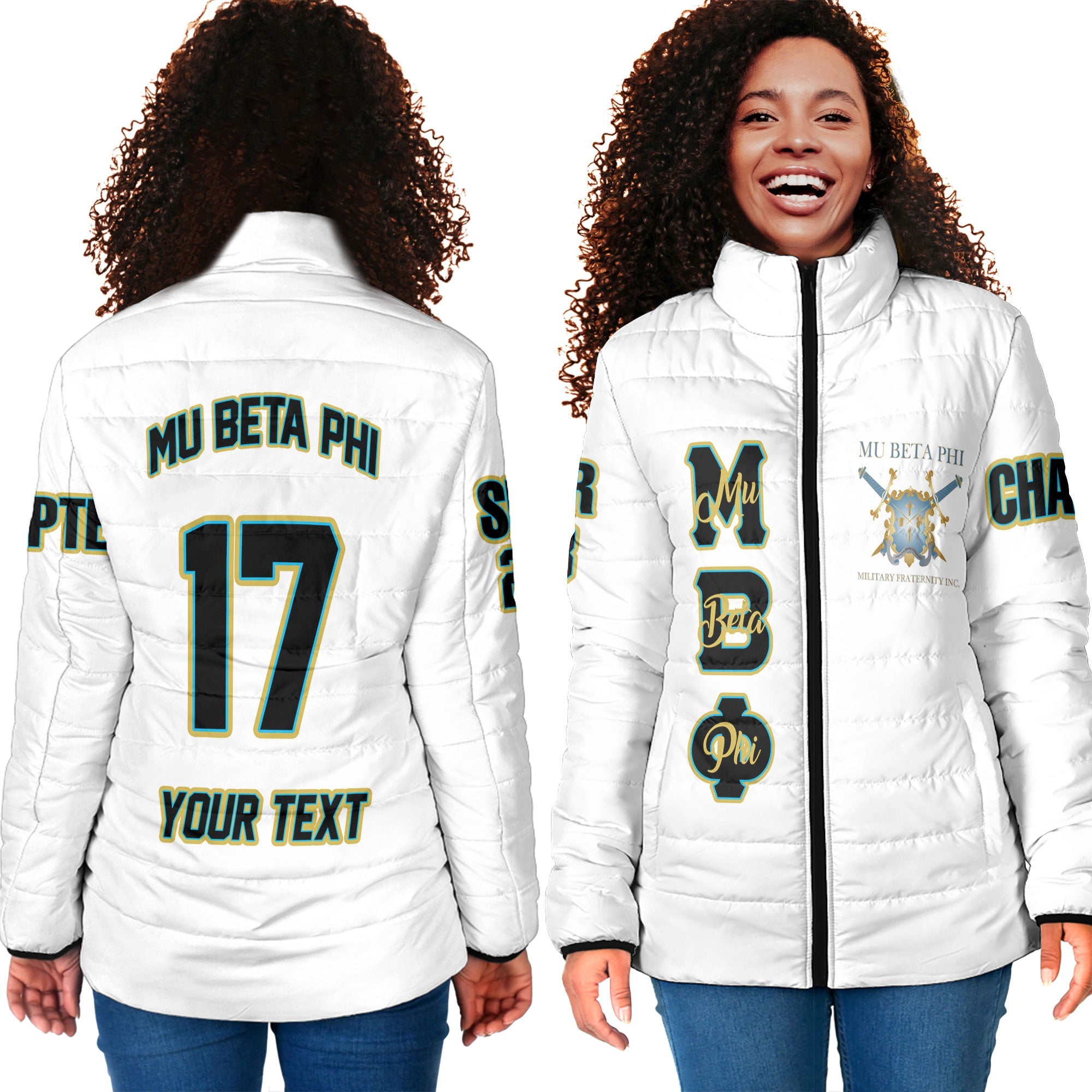 Fraternity Jacket - Personalized Mu Beta Phi Women Padded Jacket Original White Style