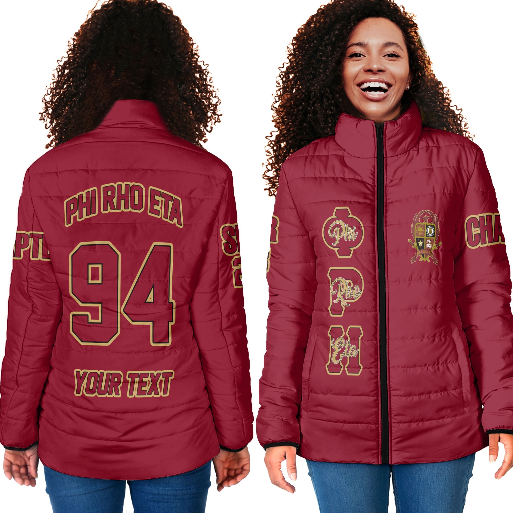 Fraternity Jacket - Personalized Phi Rho Eta Women Padded Jacket Original Maroon Style