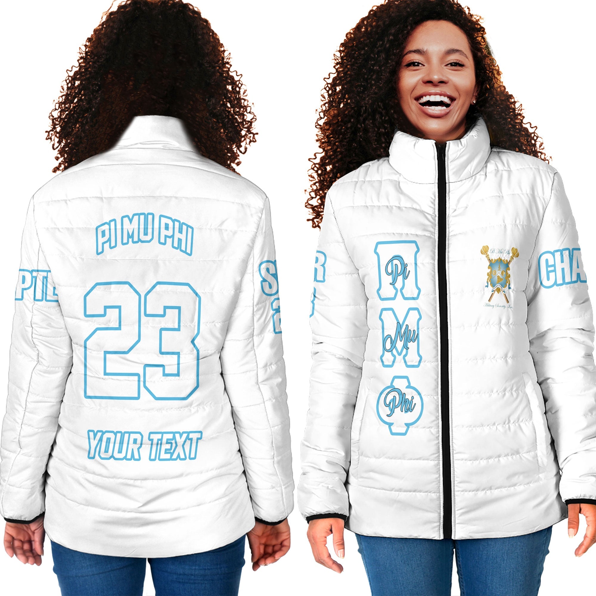 Sorority Jacket - Personalized Pi Mu Phi Women Padded Jacket Original White Style