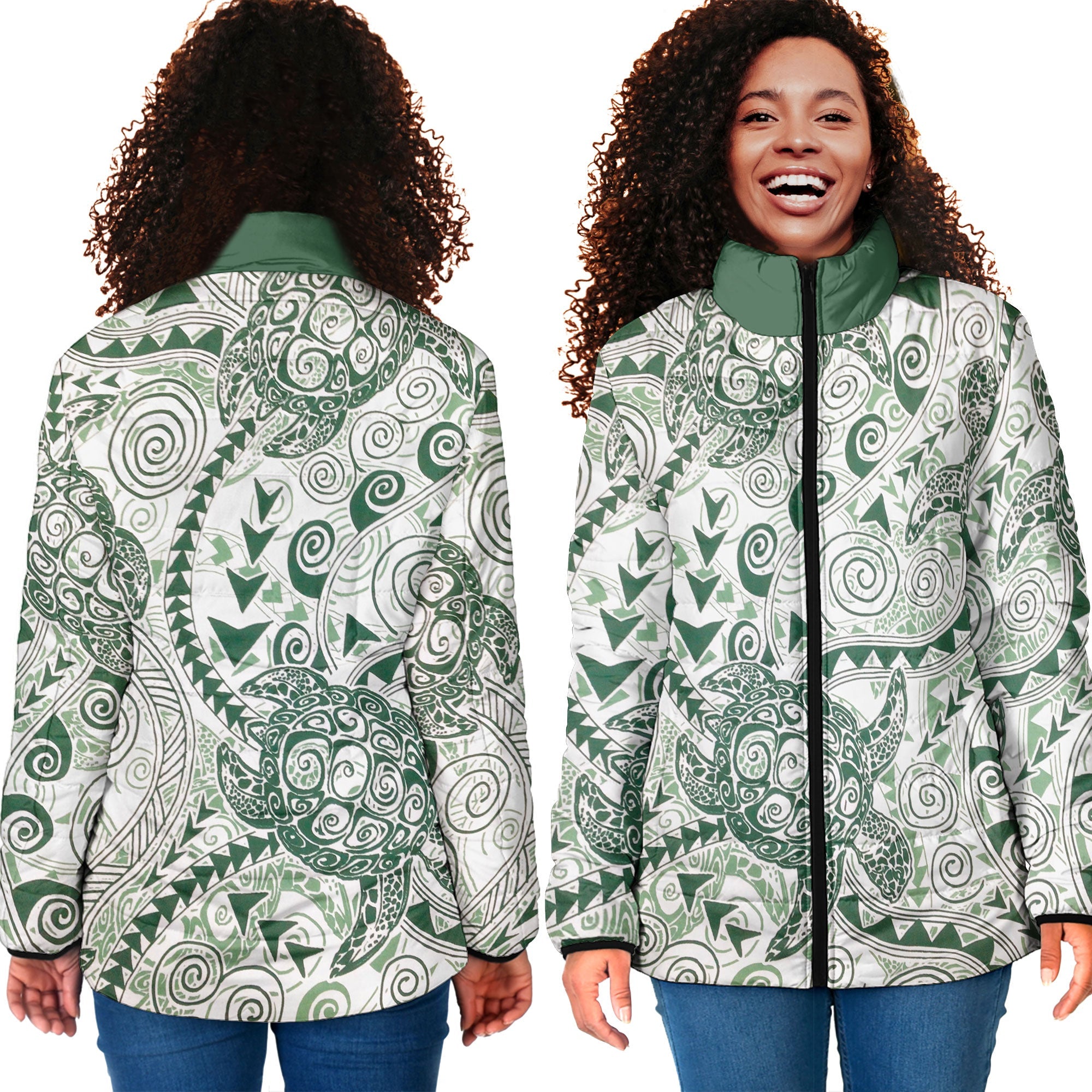 Hawaii Polynesian Turtle Women Padded Jacket Green Style