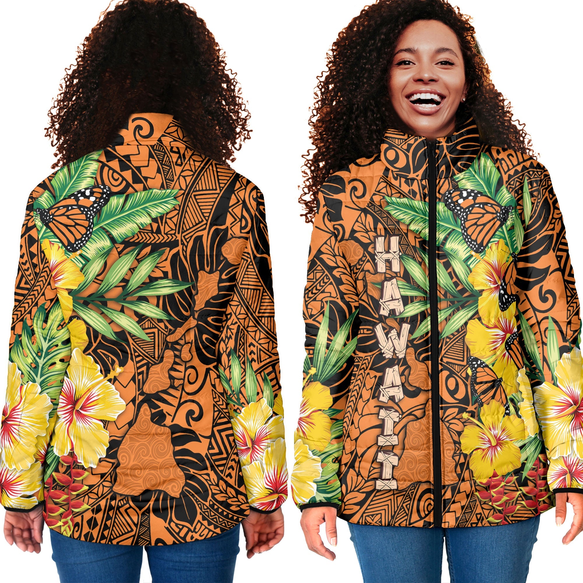 Hawaii Women Padded Jacket Kamehameha Butterfly Tropical Style