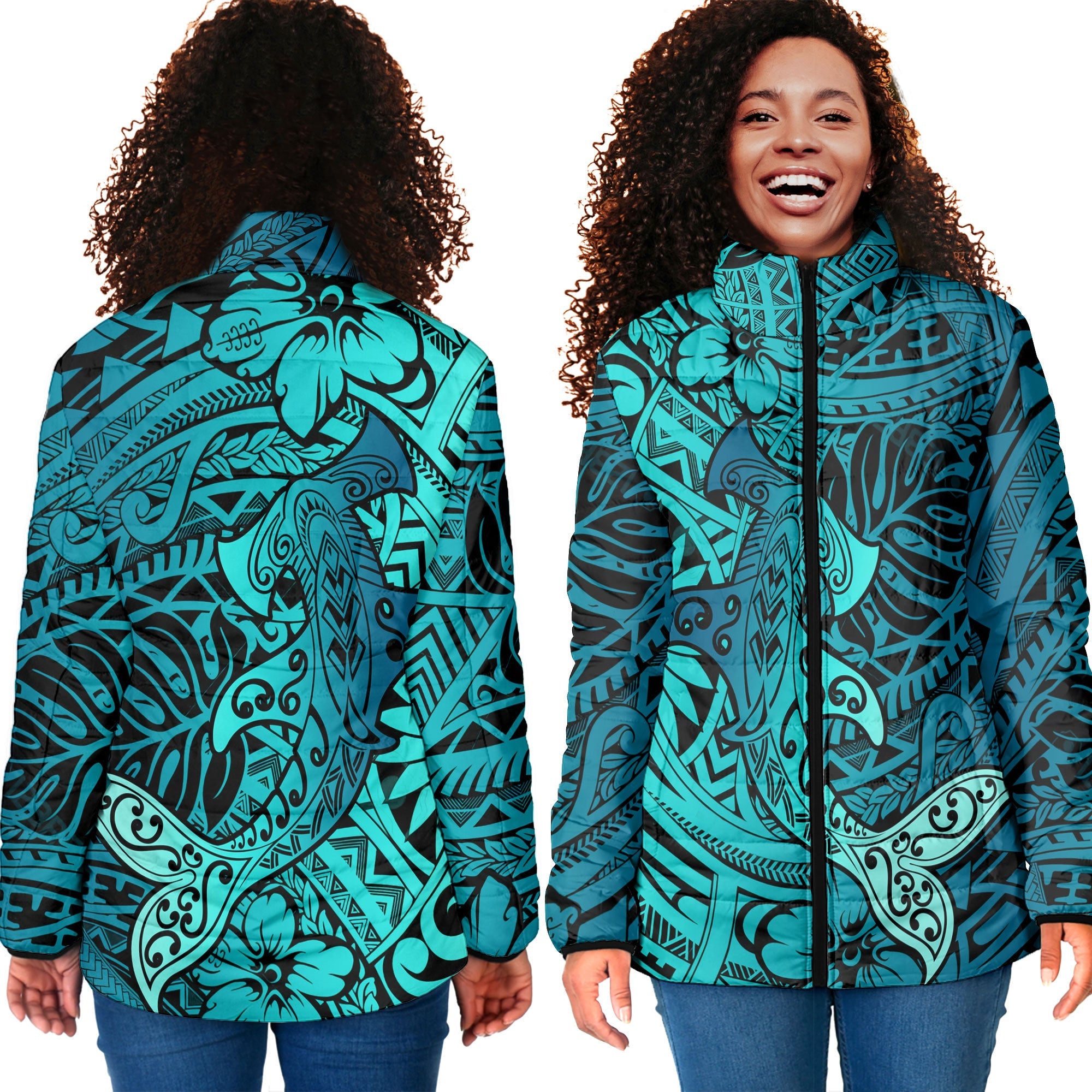 Hawaii Hammerhead Shark Women Padded Jacket Light See Blue Style