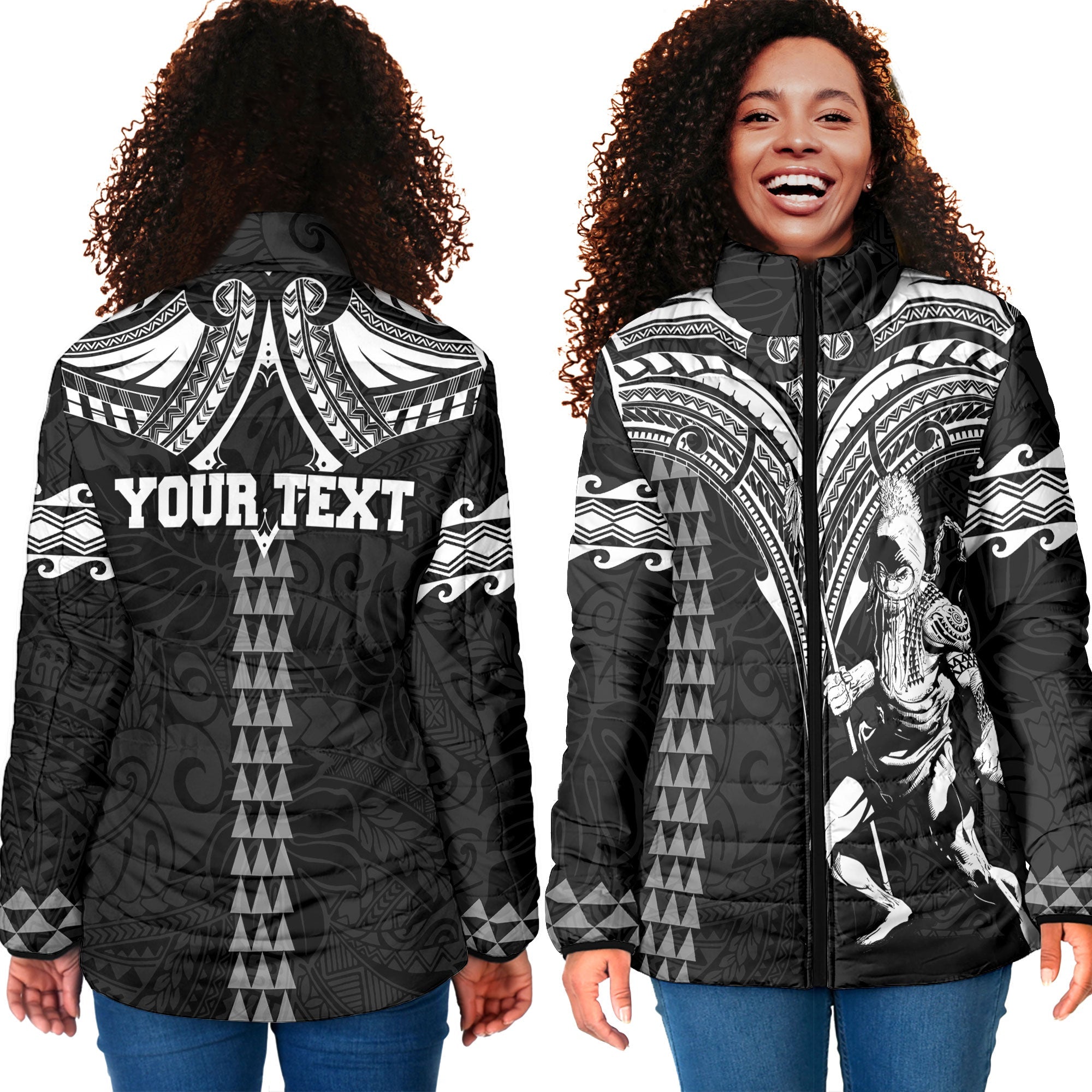 Custom Hawaii Ikaika Warrior Women Padded Jacket Polynesian Tattoo Style