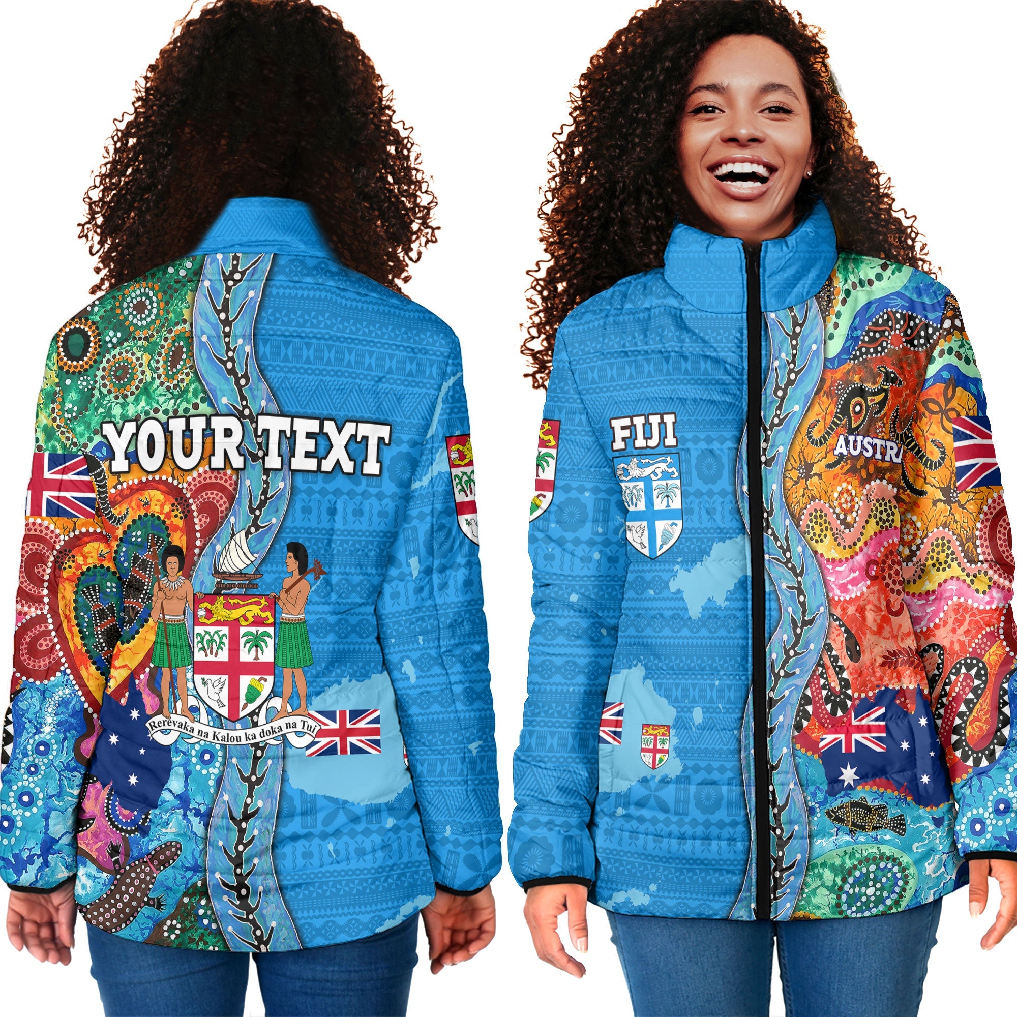 Custom Fiji Tapa & Australia Aboriginal Women Padded Jacket