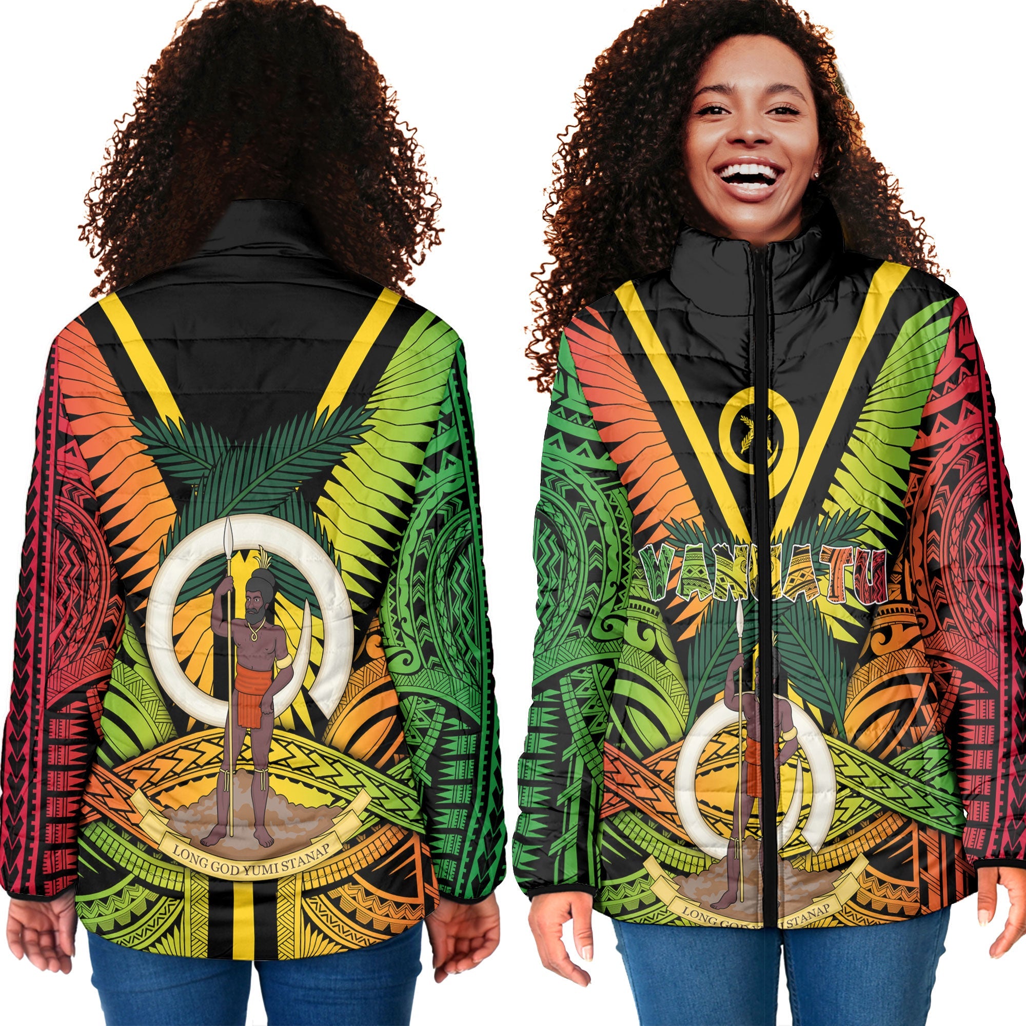 Vanuatu Women Padded Jacket Coat Of Arms Reggae Style