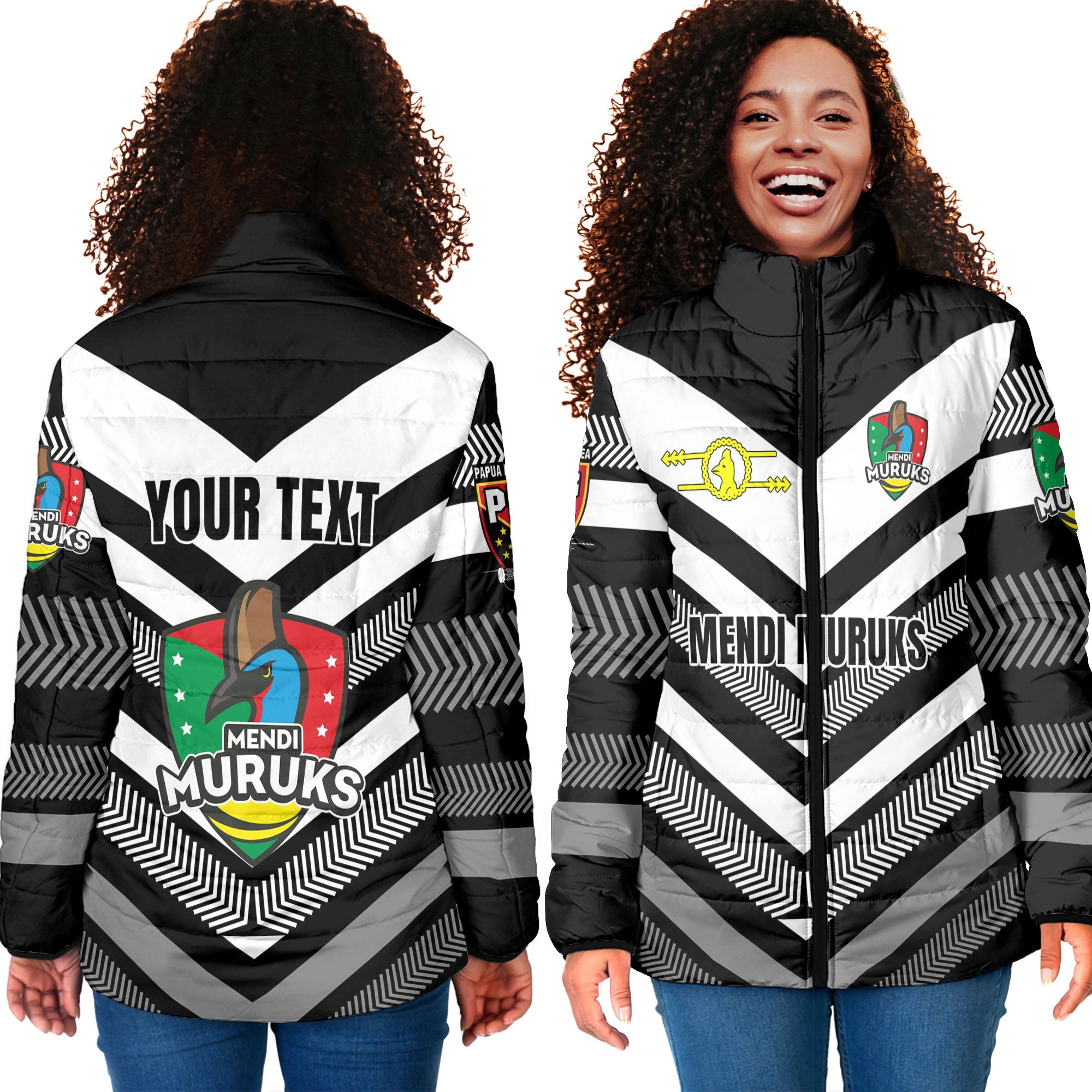 Custom Mendi Muruks Women Padded Jacket Papua New Guinea Rugby Black & White Style